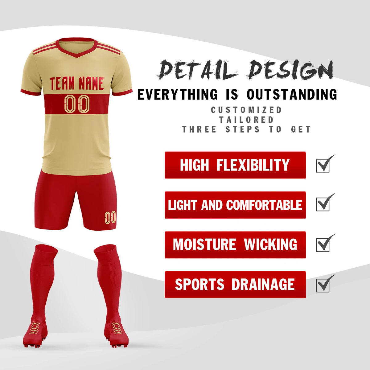 Custom Khaki Red Breathable Soccer Sets Jersey