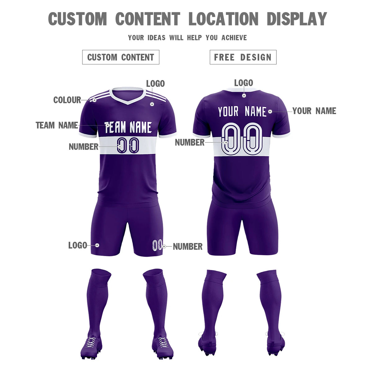 Custom Purple White Breathable Soccer Sets Jersey