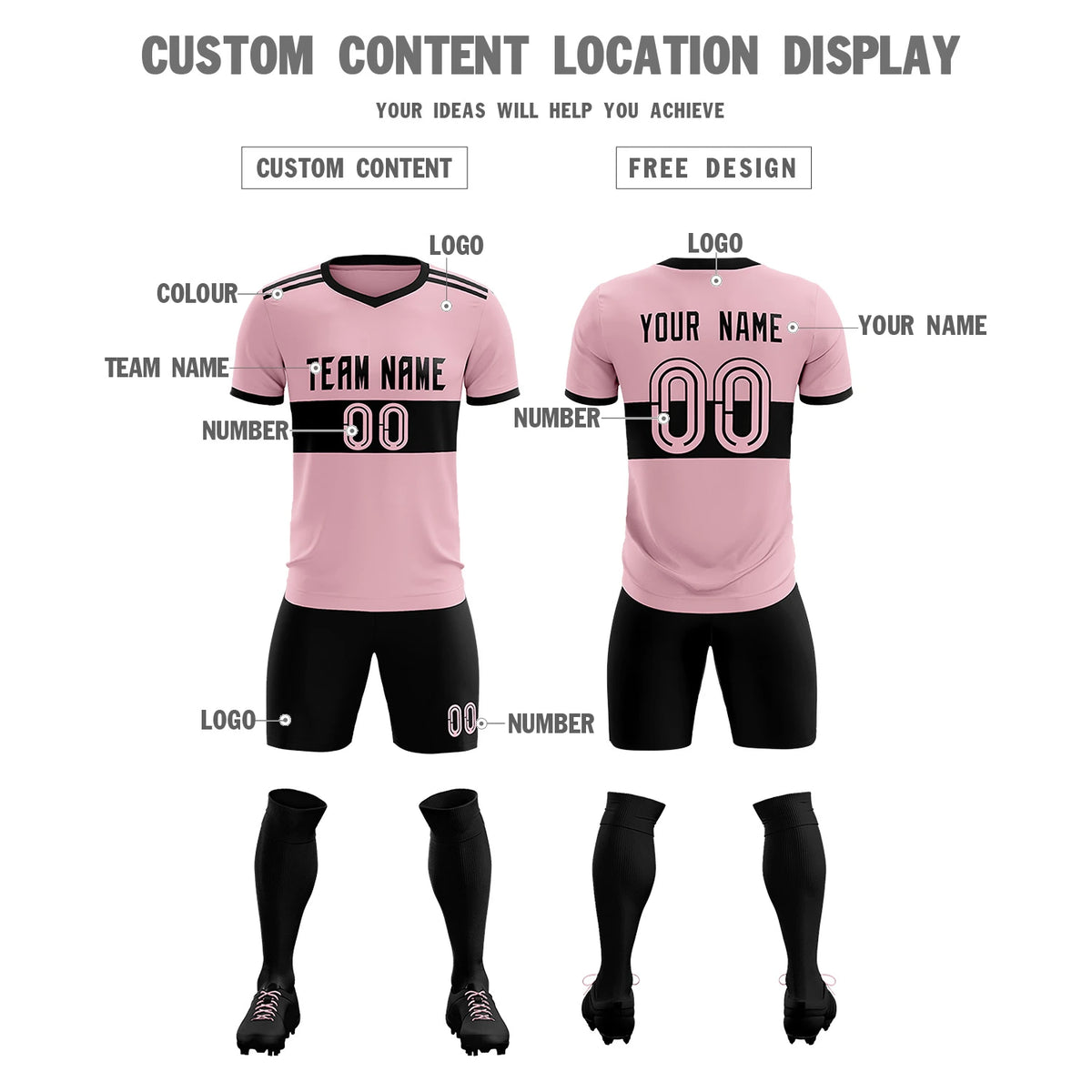 Custom Light Pink-Black Breathable Soccer Sets Jersey