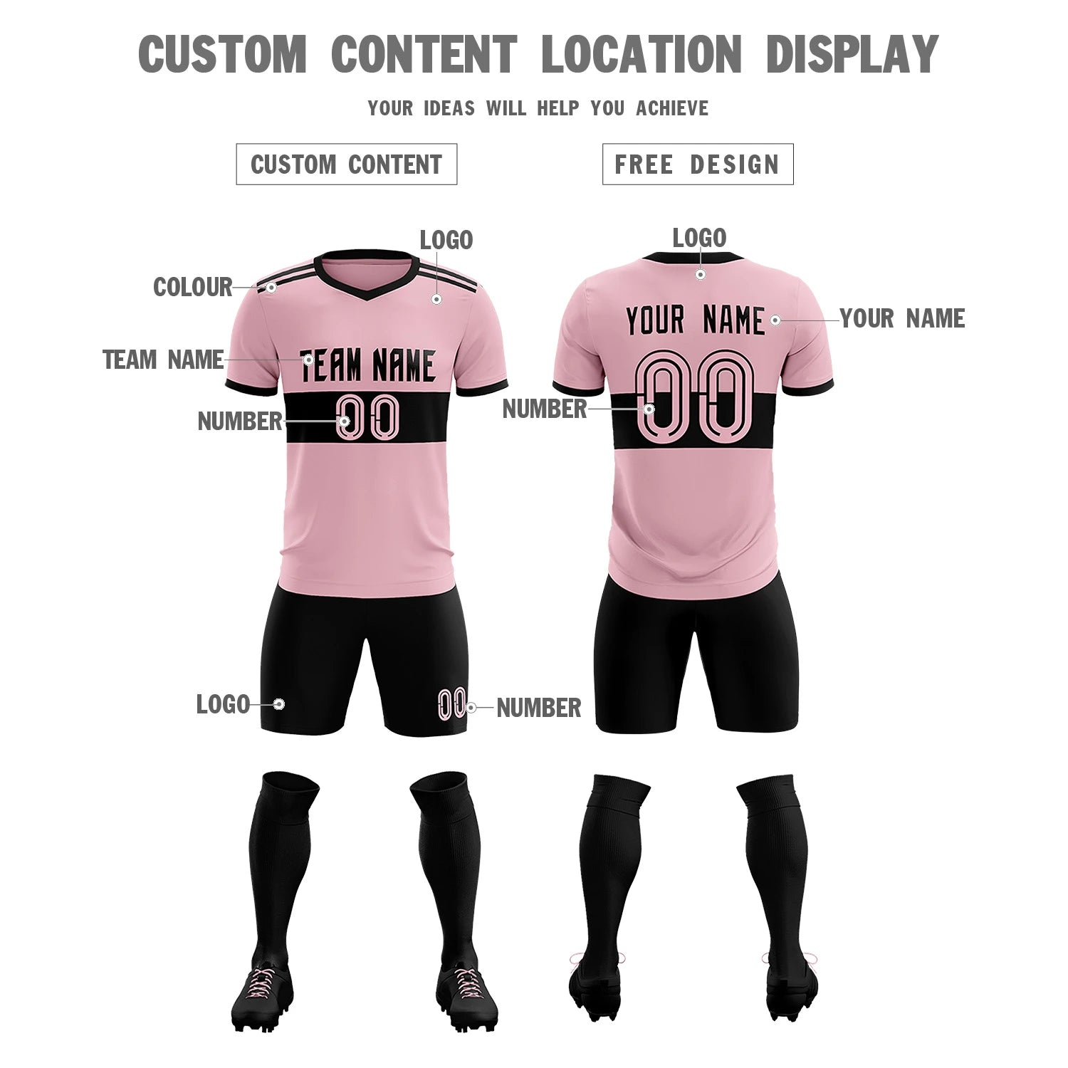 Custom Light Pink-Black Breathable Soccer Sets Jersey