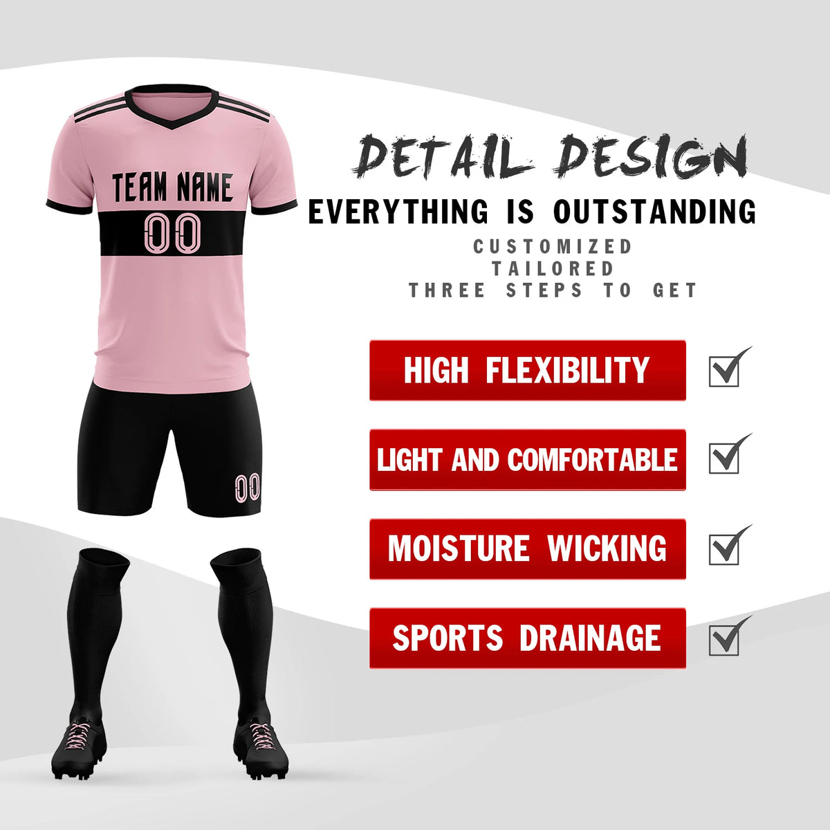 Custom Light Pink-Black Breathable Soccer Sets Jersey