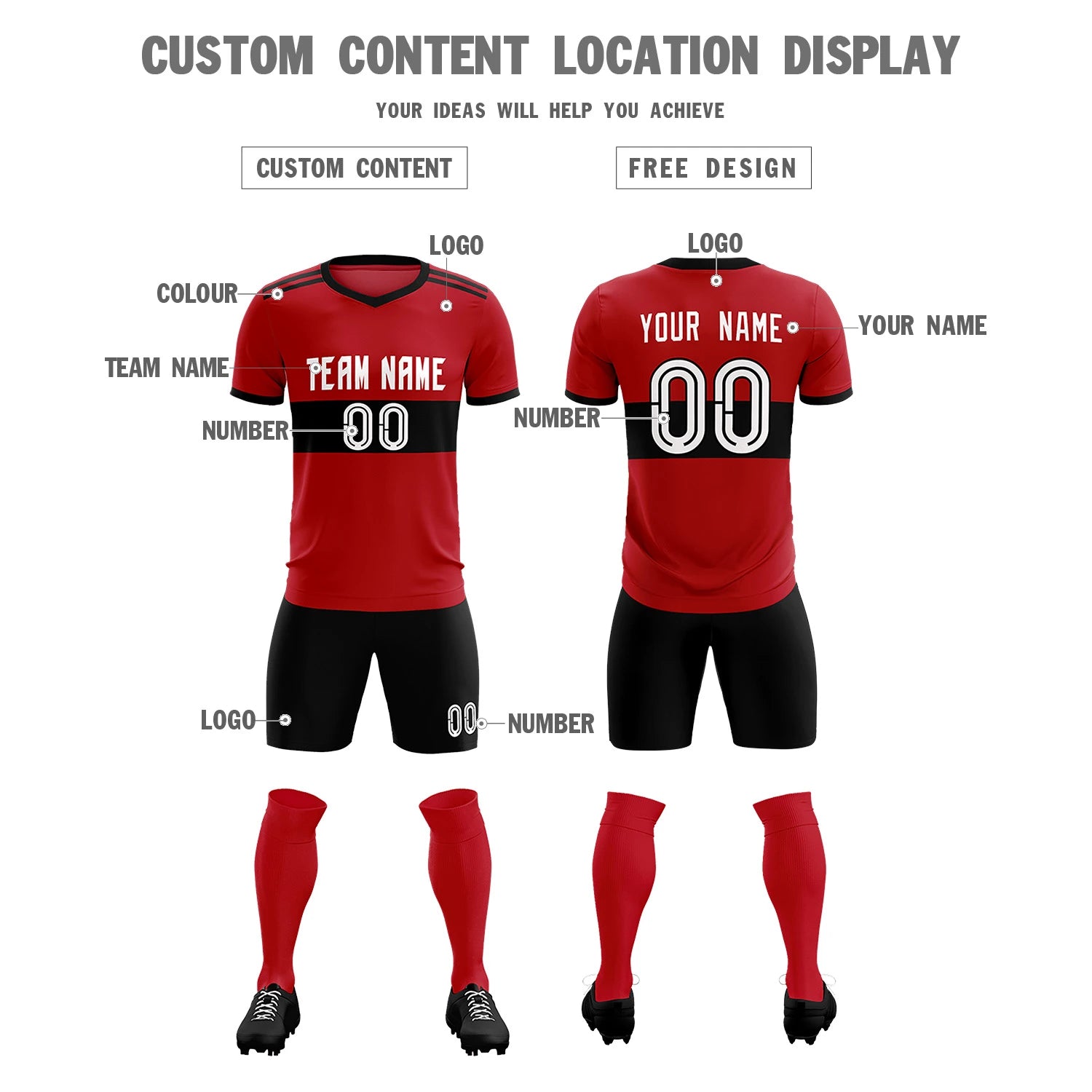 Custom Red Black Breathable Soccer Sets Jersey