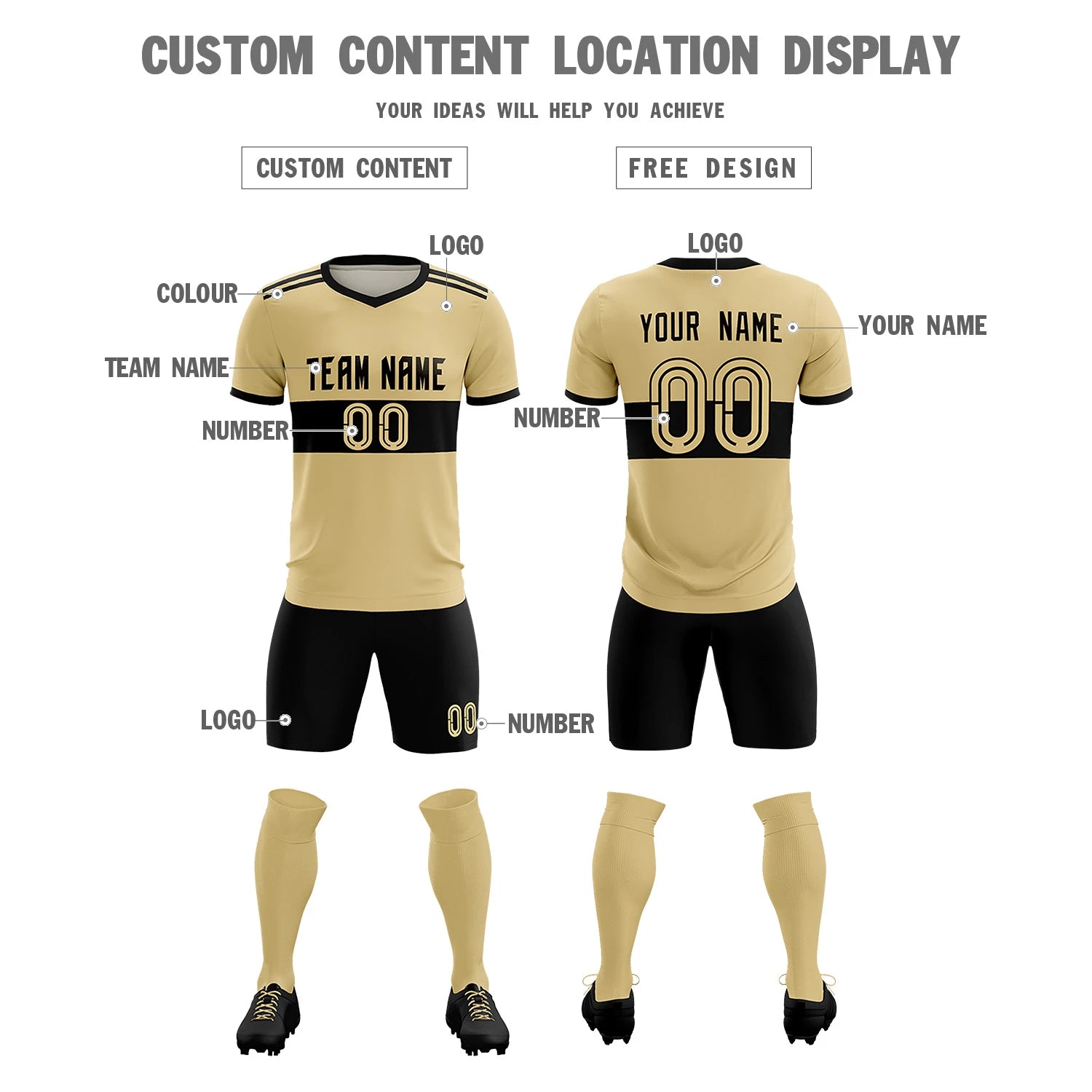 Custom Khaki Black Breathable Soccer Sets Jersey