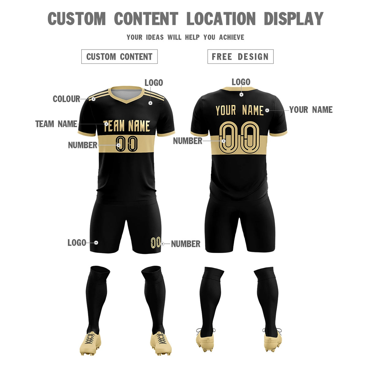 Custom Black Khaki Breathable Soccer Sets Jersey