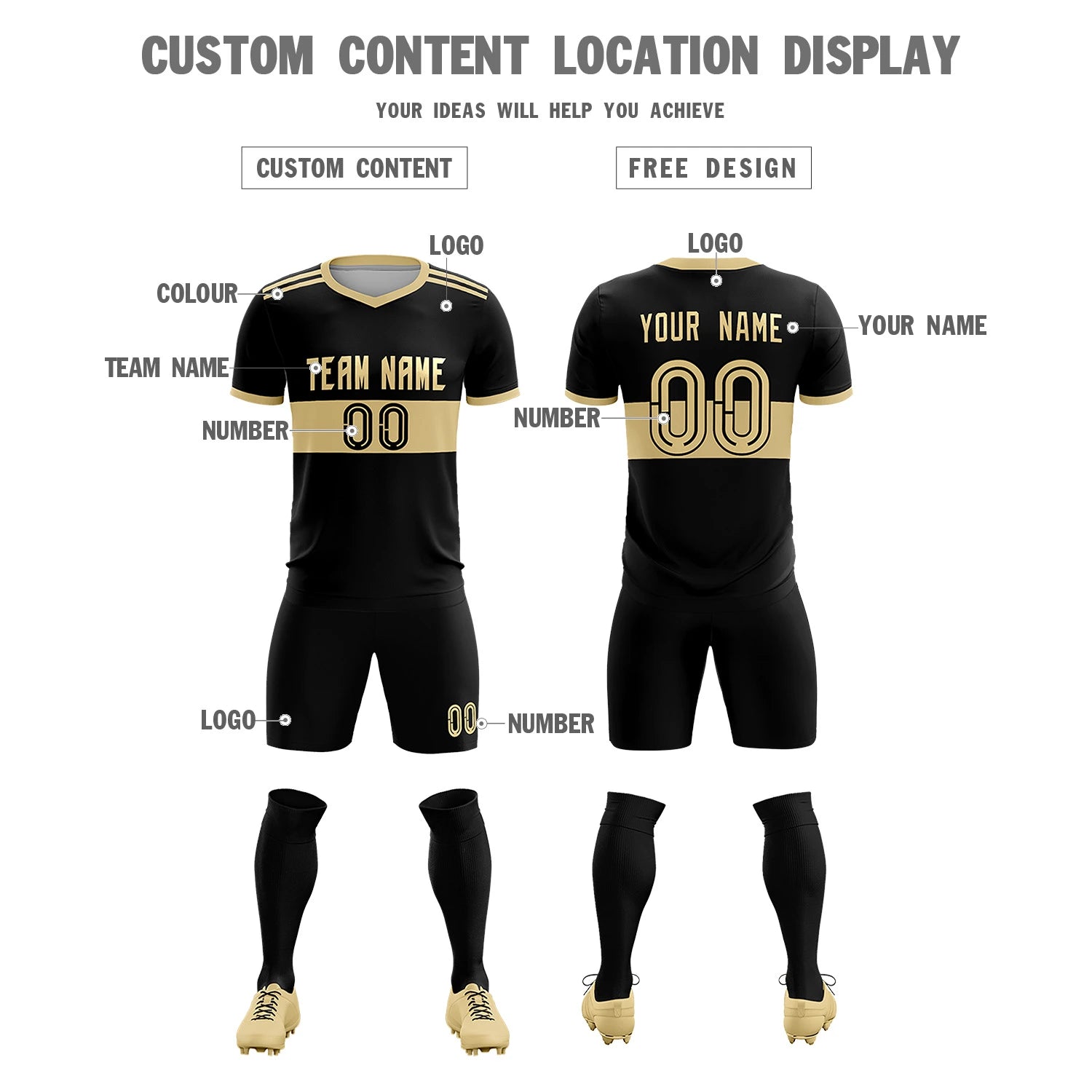 Custom Black Khaki Breathable Soccer Sets Jersey