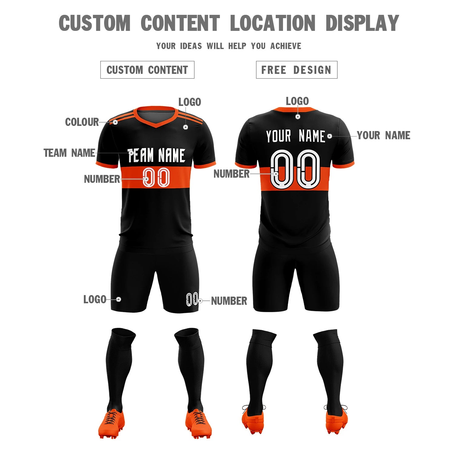 Custom Black Orange Breathable Soccer Sets Jersey