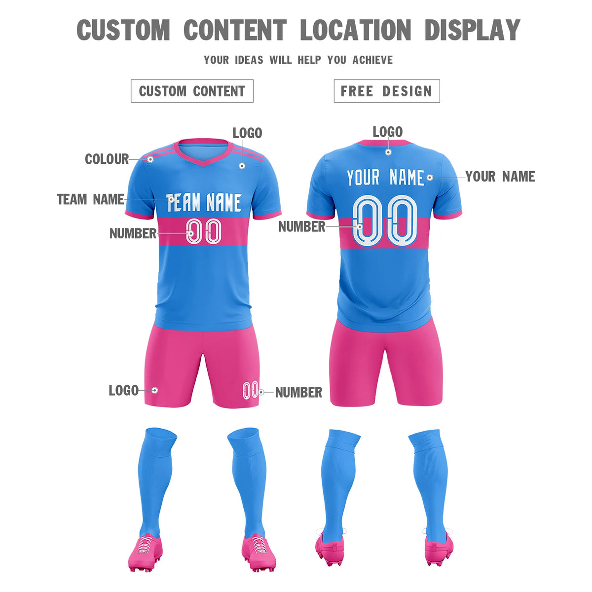 Custom Powder Blue-Pink Breathable Soccer Sets Jersey