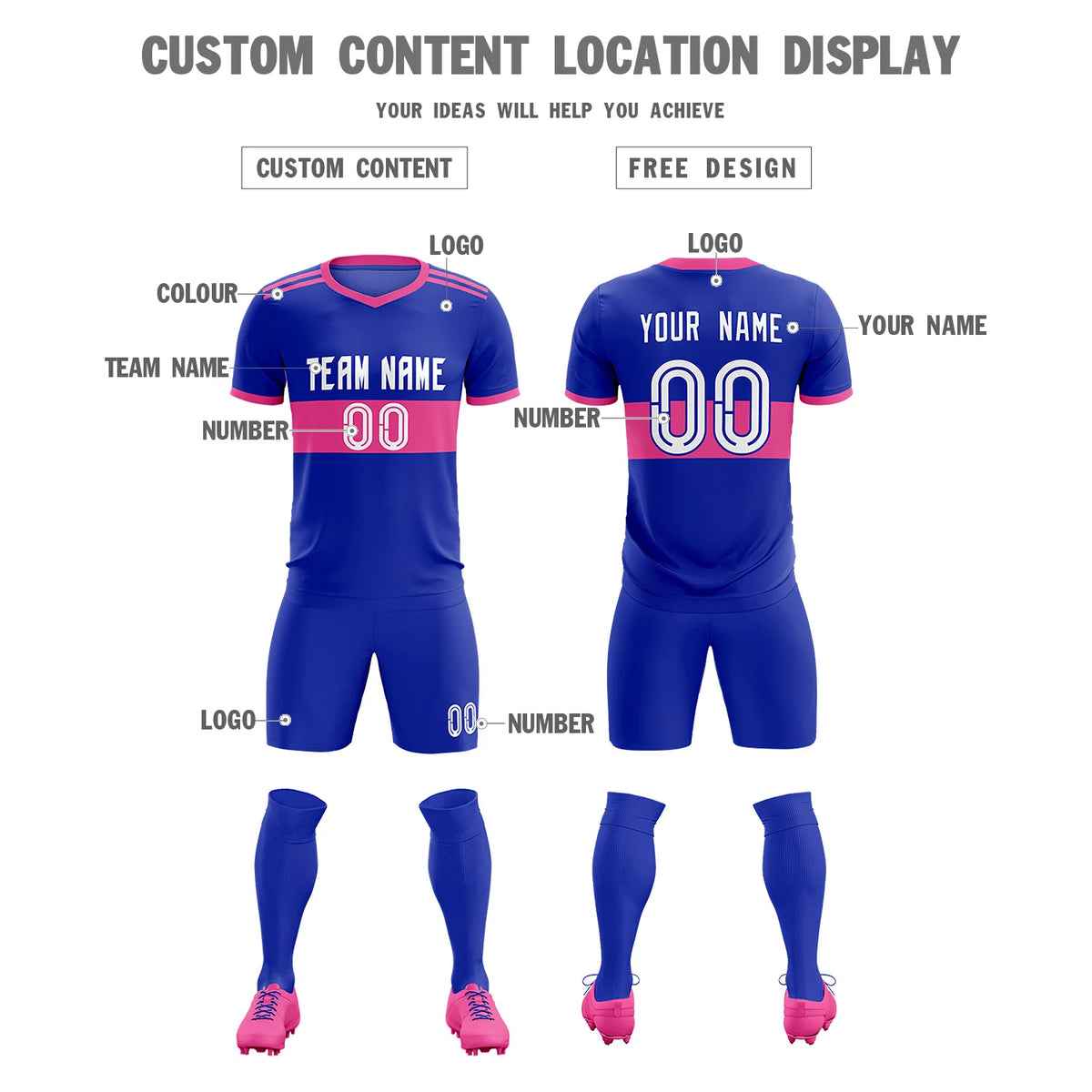 Custom Royal Blue-Pink Breathable Soccer Sets Jersey
