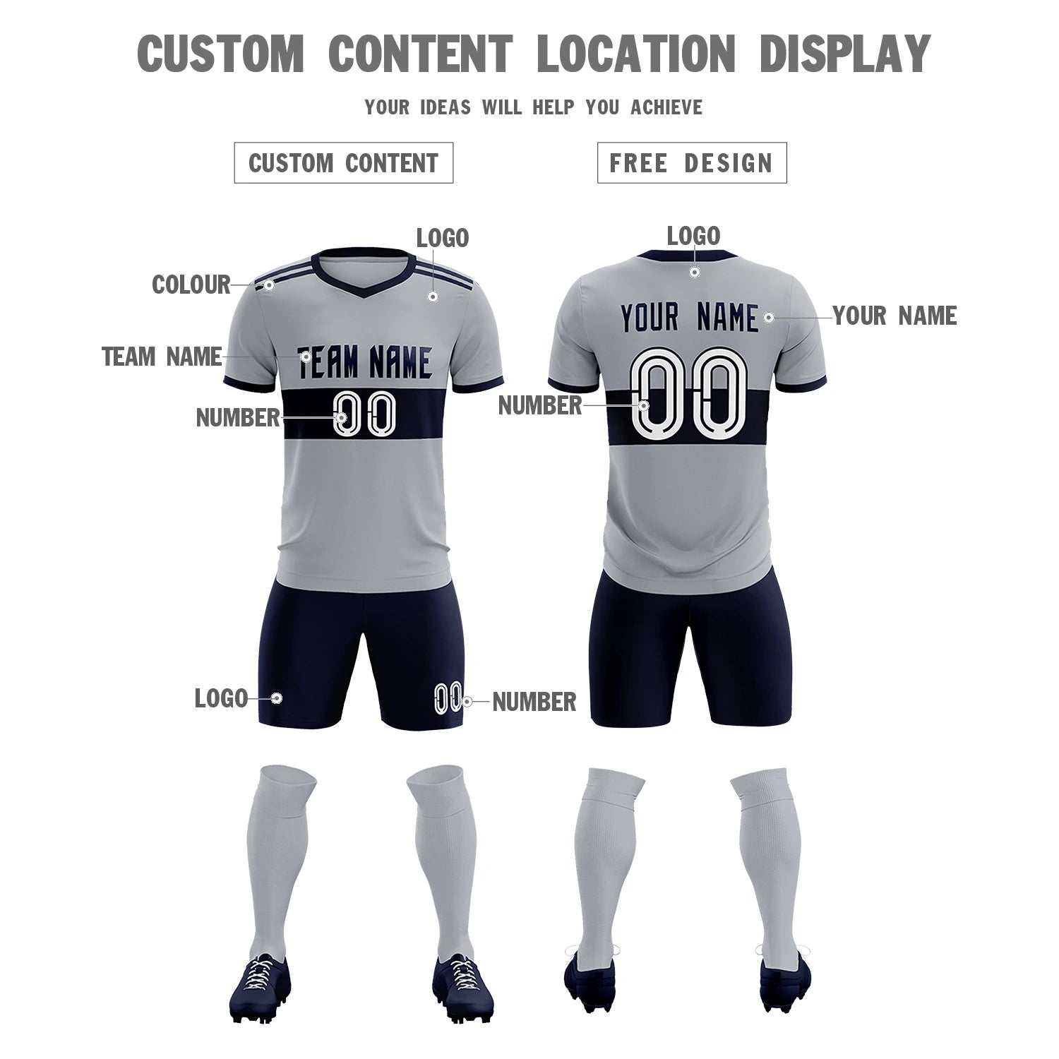 Custom Gray Navy Breathable Soccer Sets Jersey