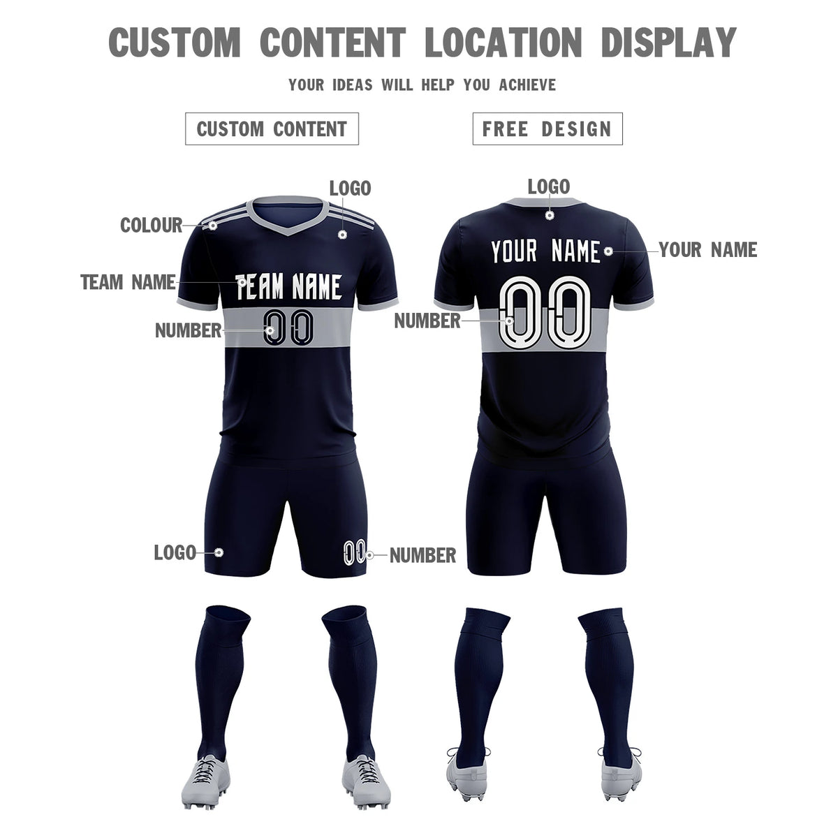 Custom Navy Gray Breathable Soccer Sets Jersey