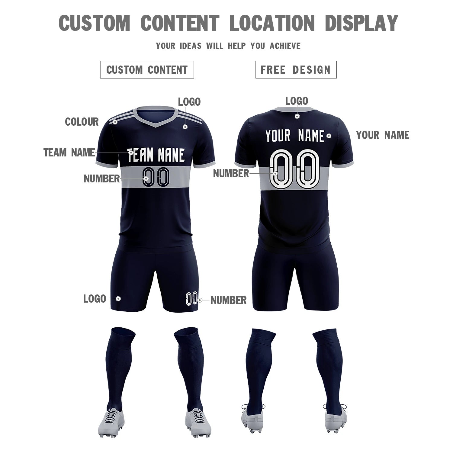 Custom Navy Gray Breathable Soccer Sets Jersey