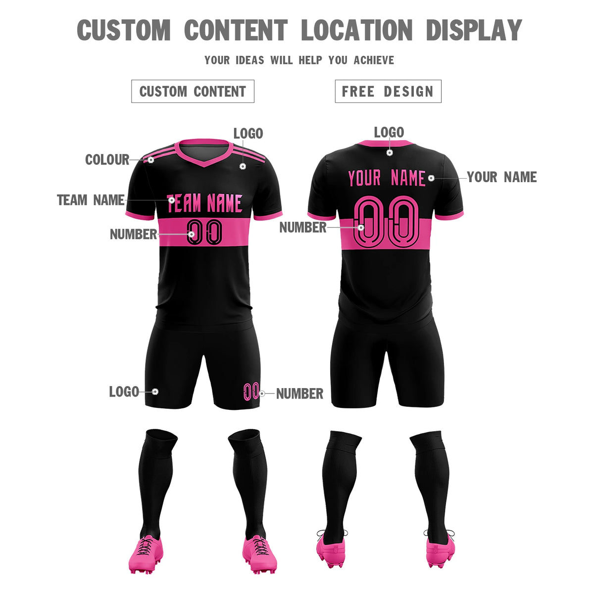 Custom Black Pink Breathable Soccer Sets Jersey