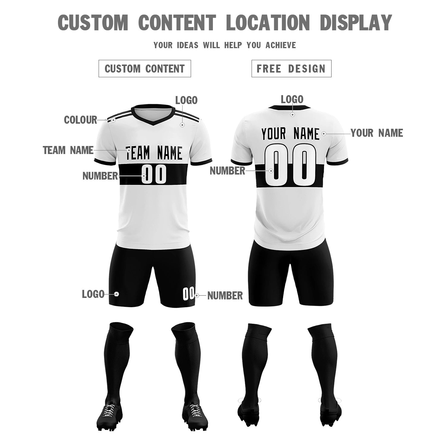 Custom White Black Breathable Soccer Sets Jersey