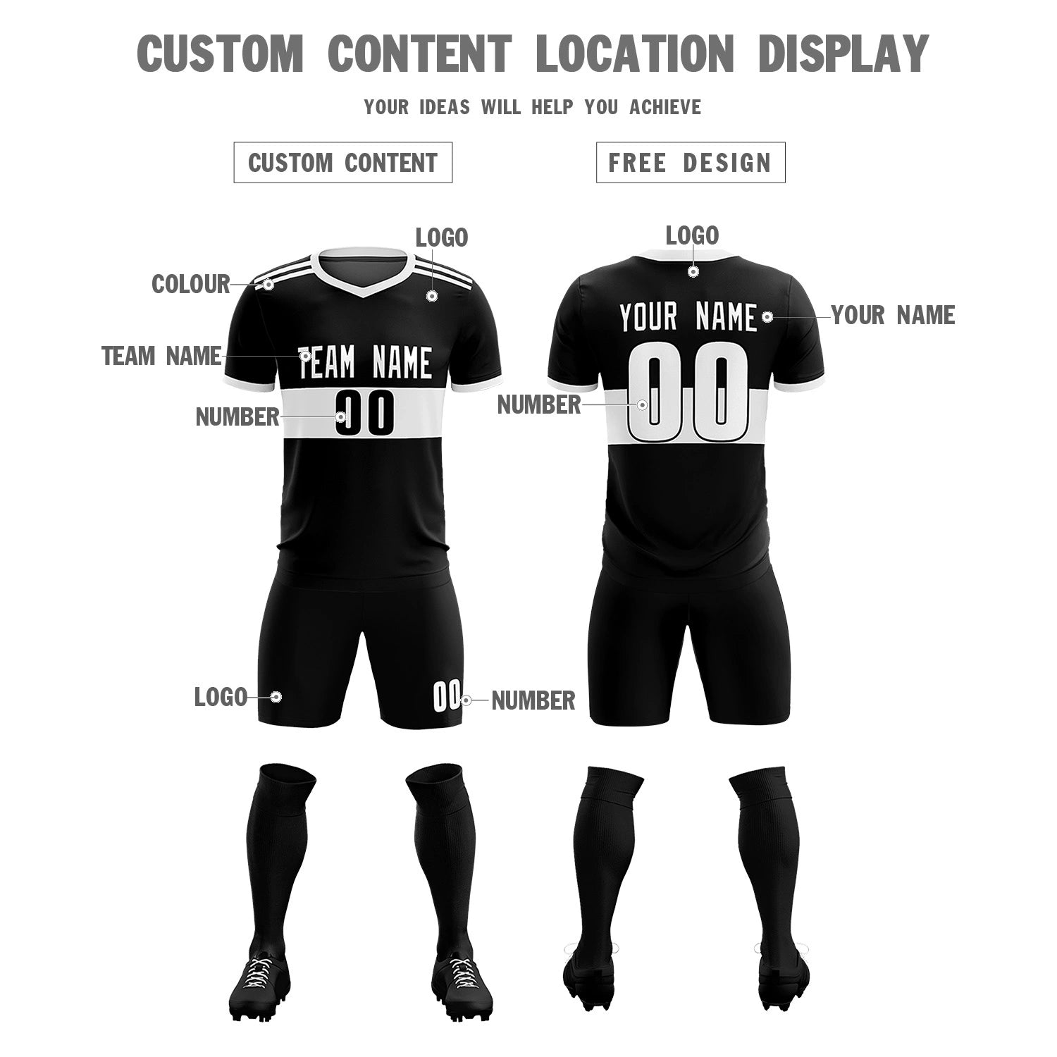 Custom Black White Breathable Soccer Sets Jersey