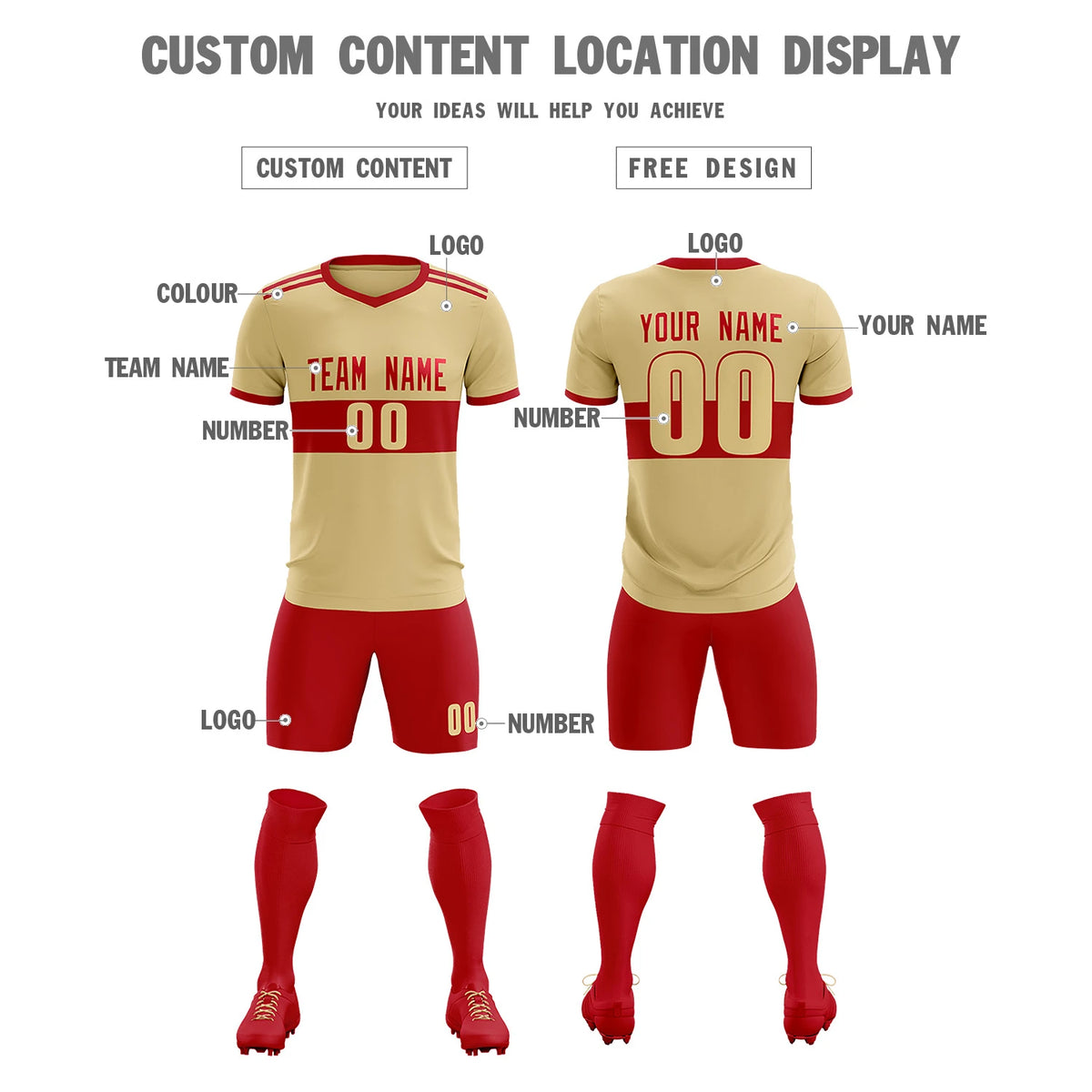 Custom Khaki Red Breathable Soccer Sets Jersey