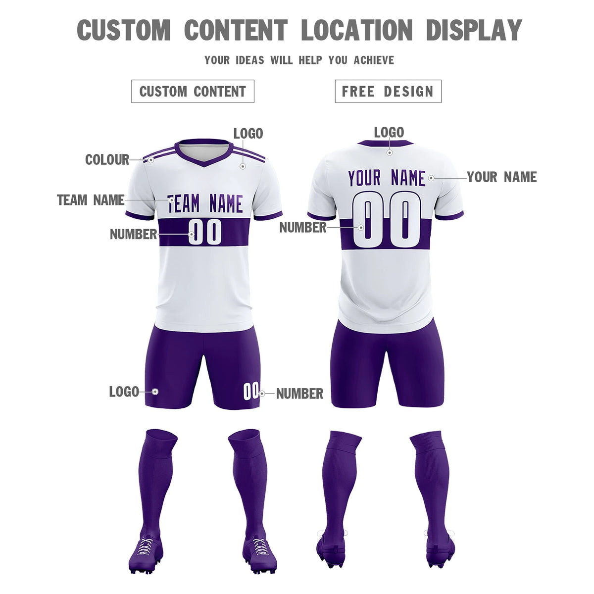 Custom White Purple Breathable Soccer Sets Jersey