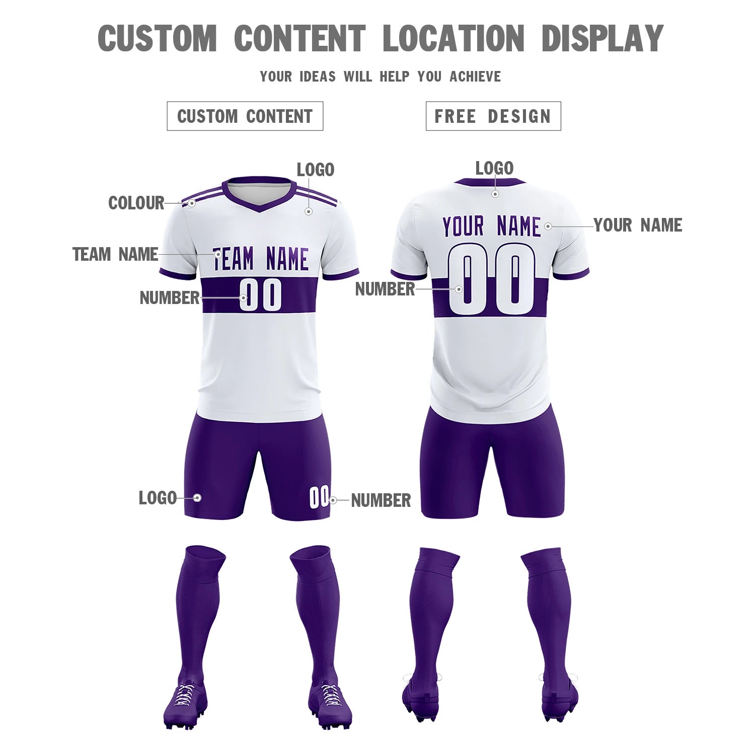 Custom White Purple Breathable Soccer Sets Jersey