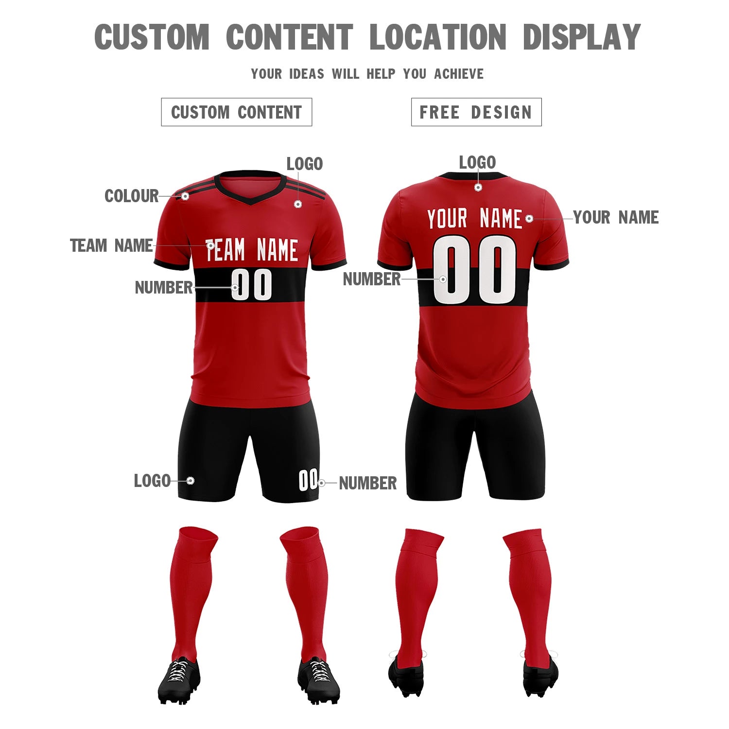 Custom Red Black Breathable Soccer Sets Jersey