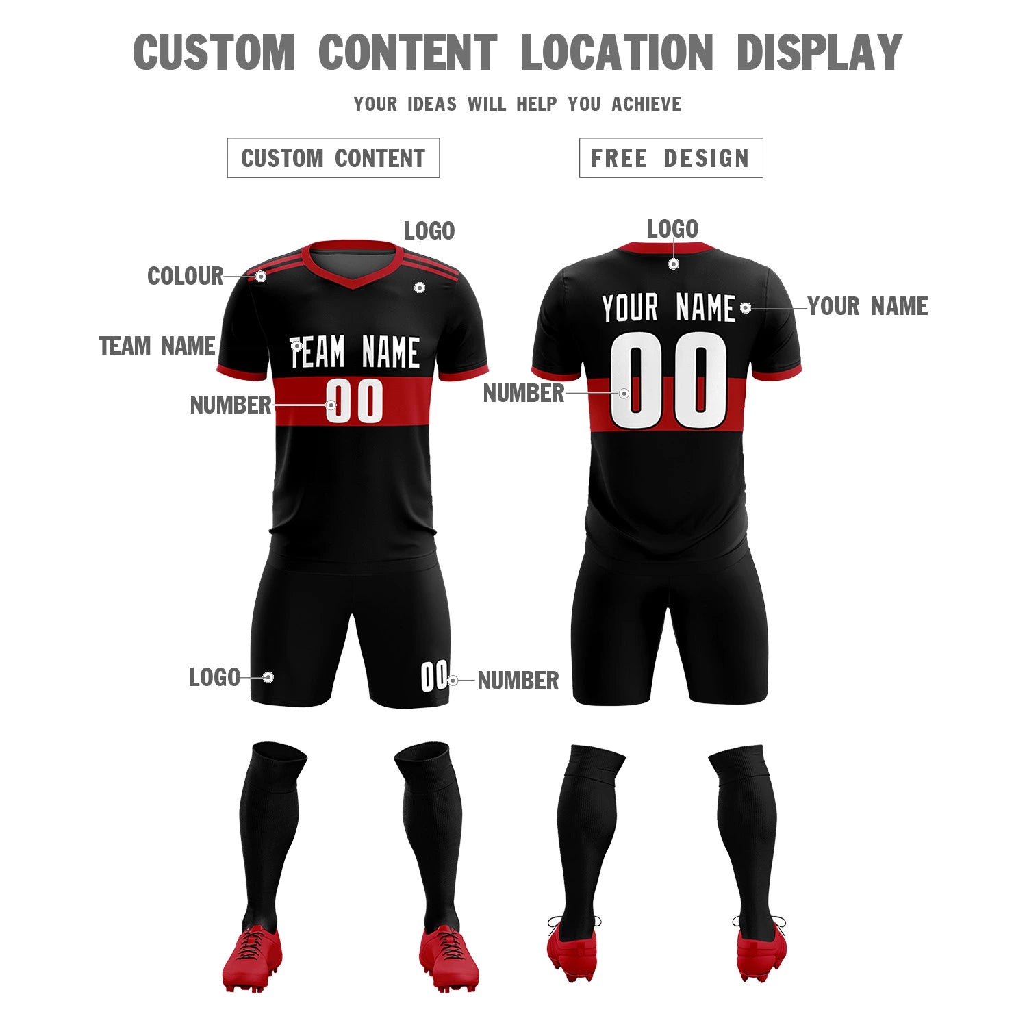 Custom Black Black Breathable Soccer Sets Jersey