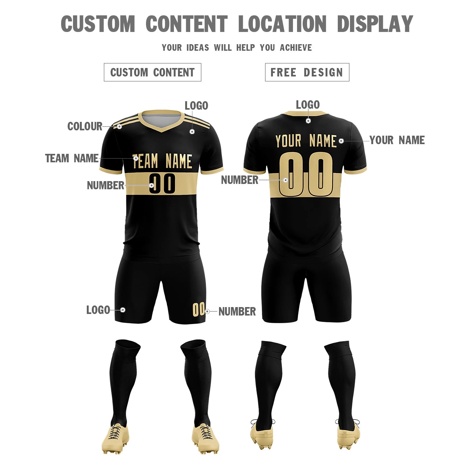 Custom Black Khaki Breathable Soccer Sets Jersey