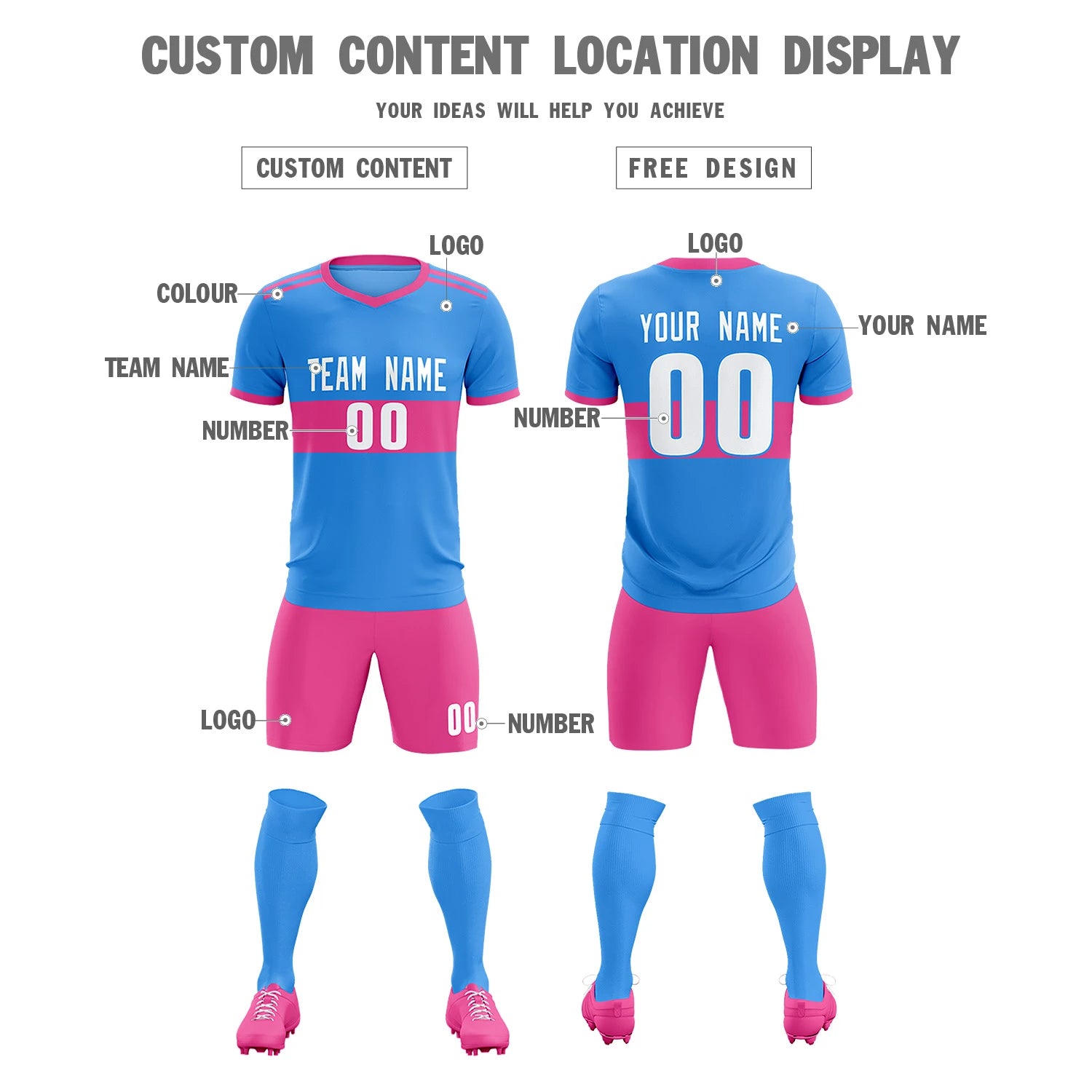 Custom Powder Blue-Pink Breathable Soccer Sets Jersey