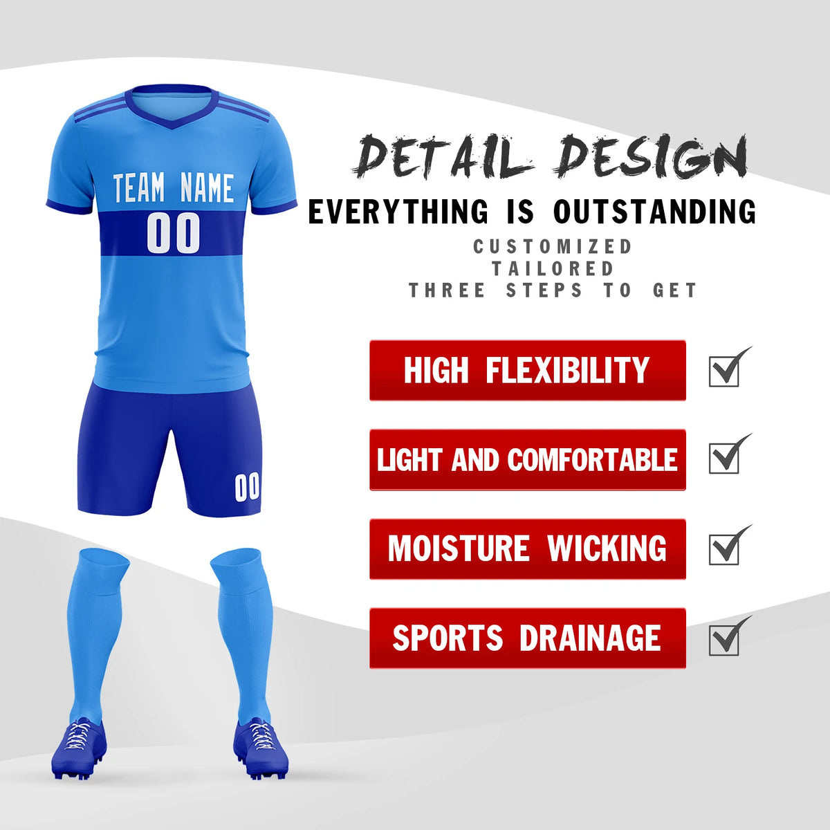 Custom Powder Blue-Royal Blue Breathable Soccer Sets Jersey