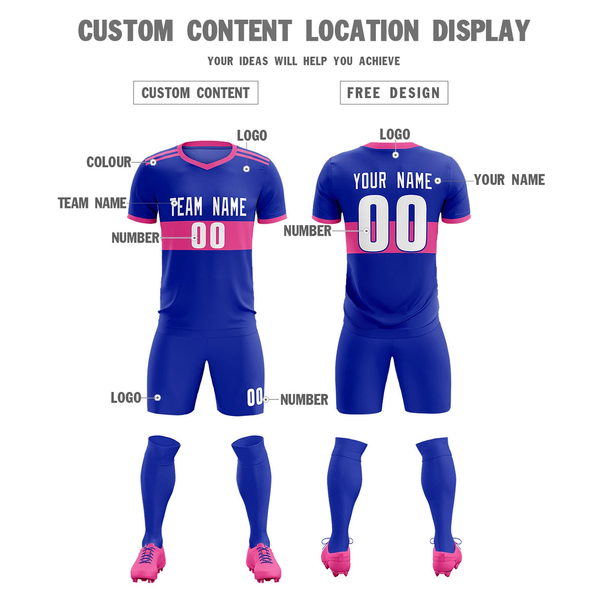 Custom Royal Blue-Pink Breathable Soccer Sets Jersey
