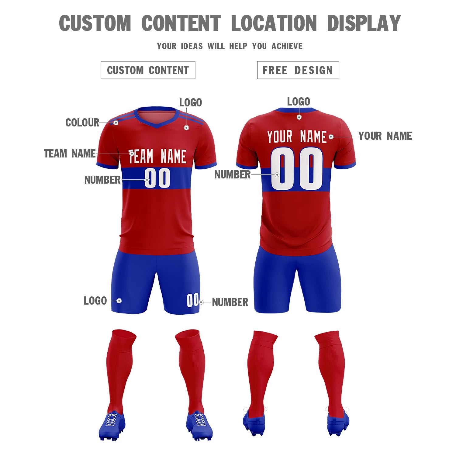 Custom Red-Royal Blue Breathable Soccer Sets Jersey