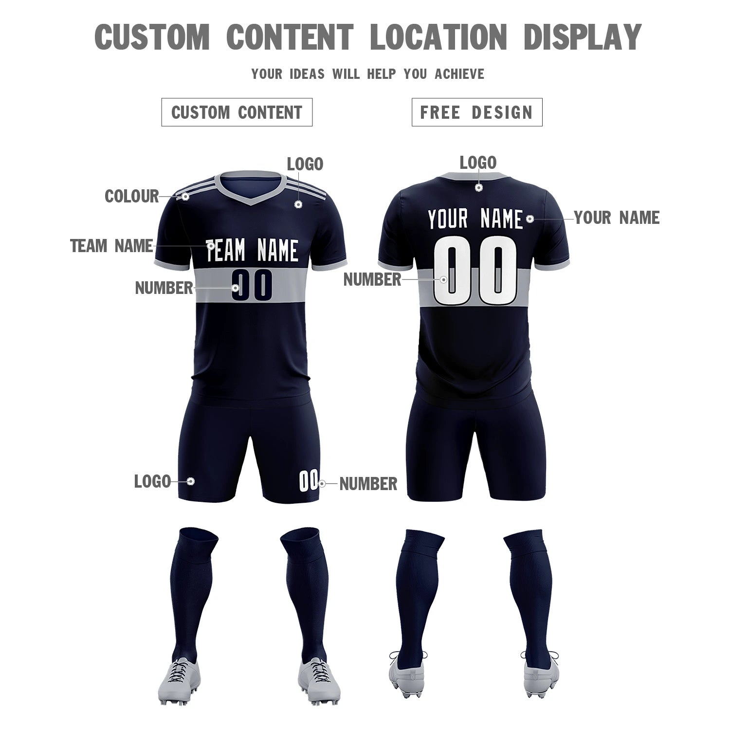Custom Navy Gray Breathable Soccer Sets Jersey