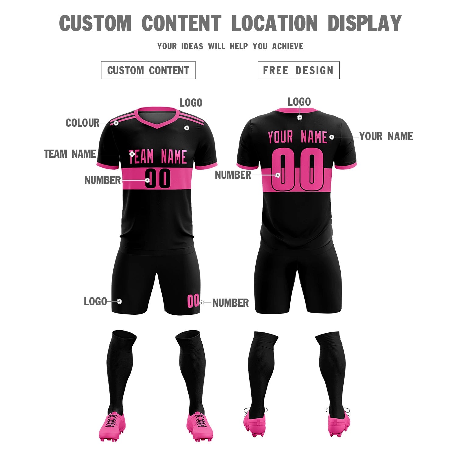 Custom Black Pink Breathable Soccer Sets Jersey