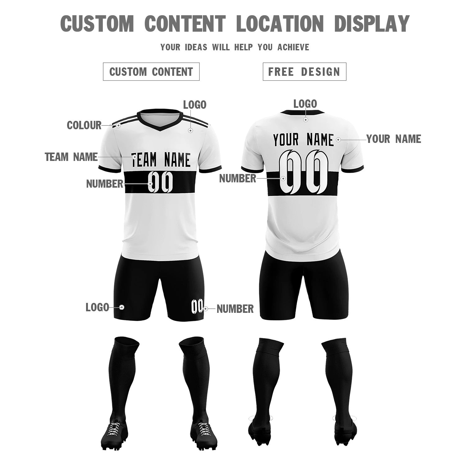 Custom White Black Breathable Soccer Sets Jersey