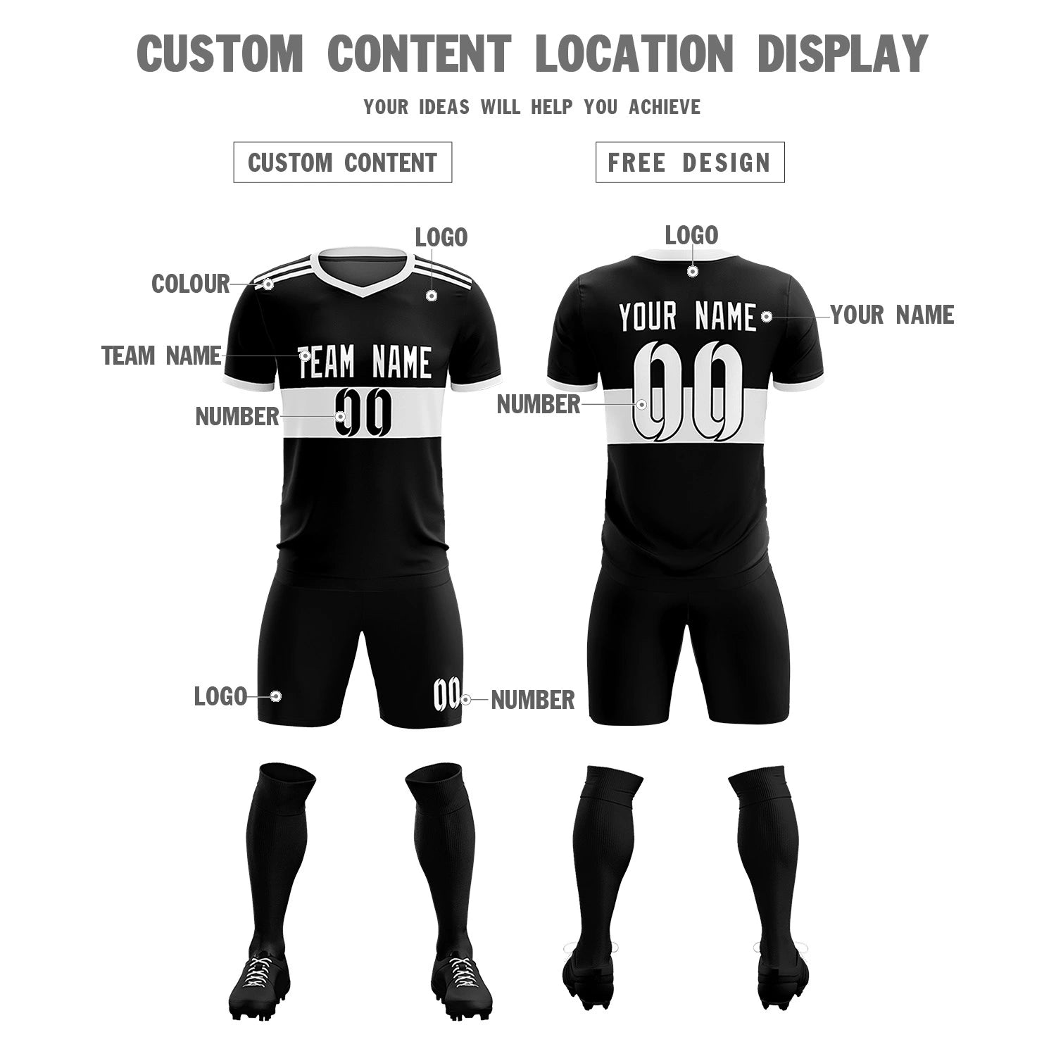 Custom Black White Breathable Soccer Sets Jersey