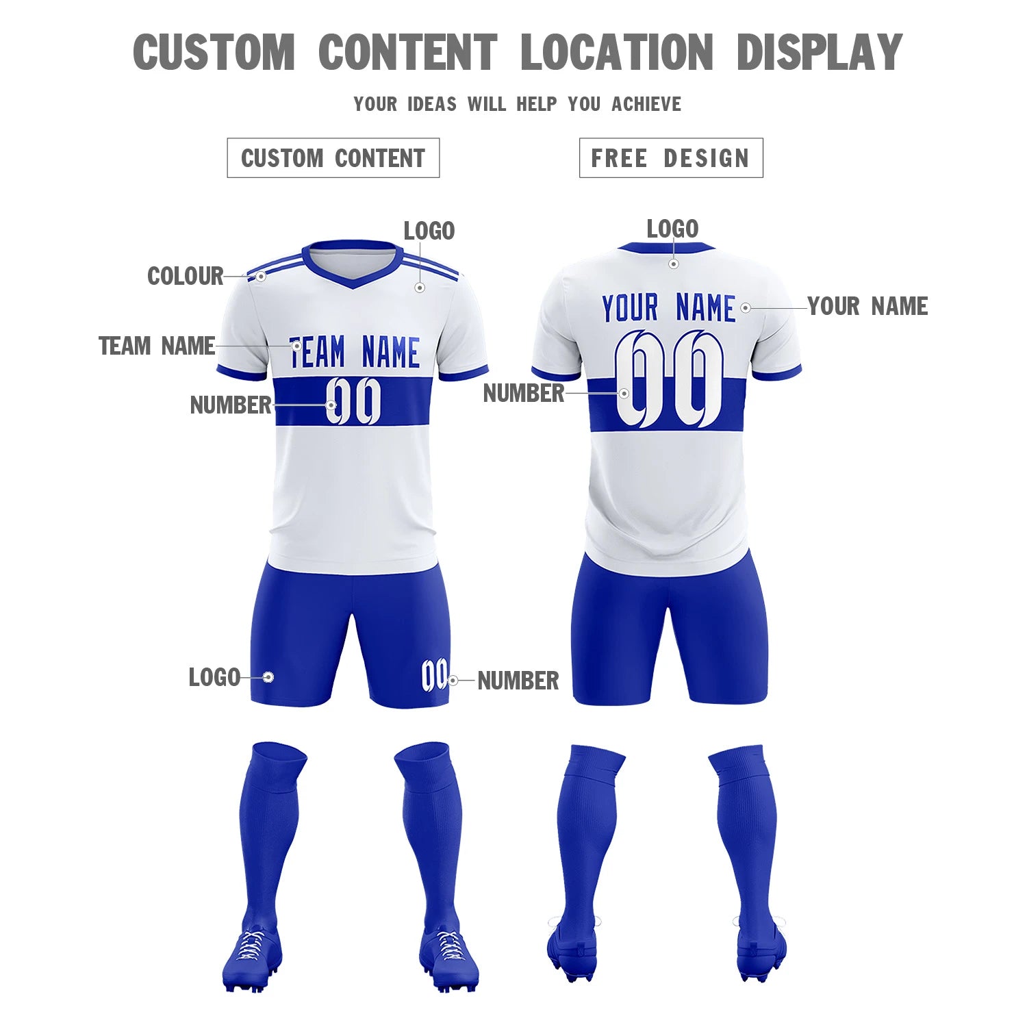 Custom White-Royal Blue Breathable Soccer Sets Jersey