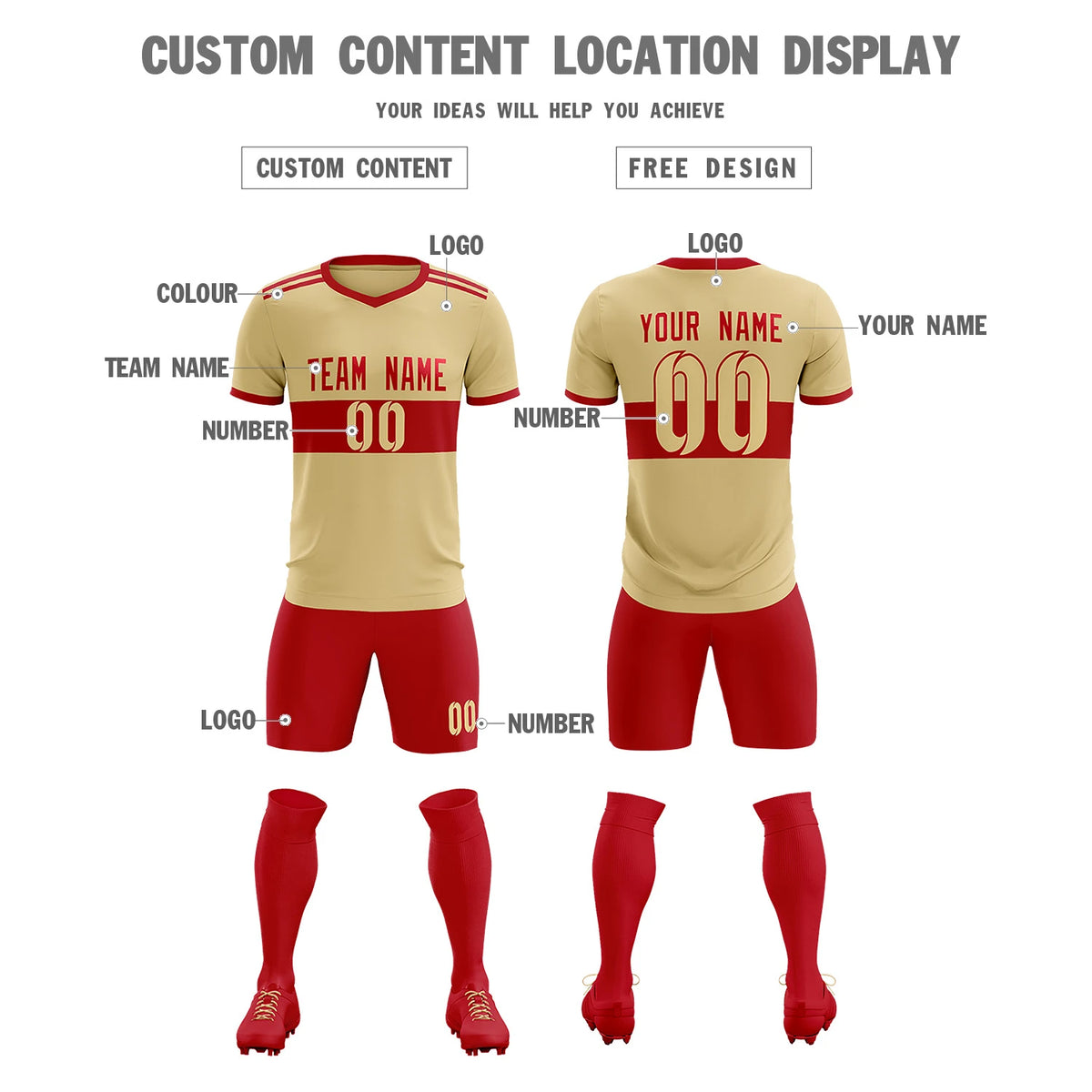 Custom Khaki Red Breathable Soccer Sets Jersey