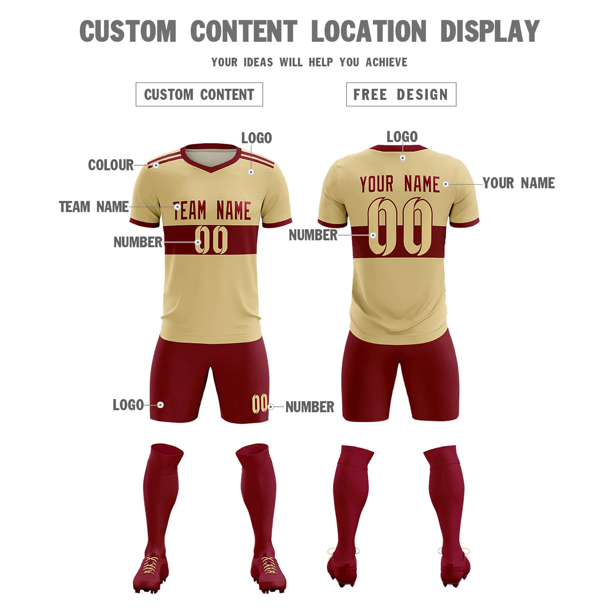 Custom Khaki Crimson Breathable Soccer Sets Jersey