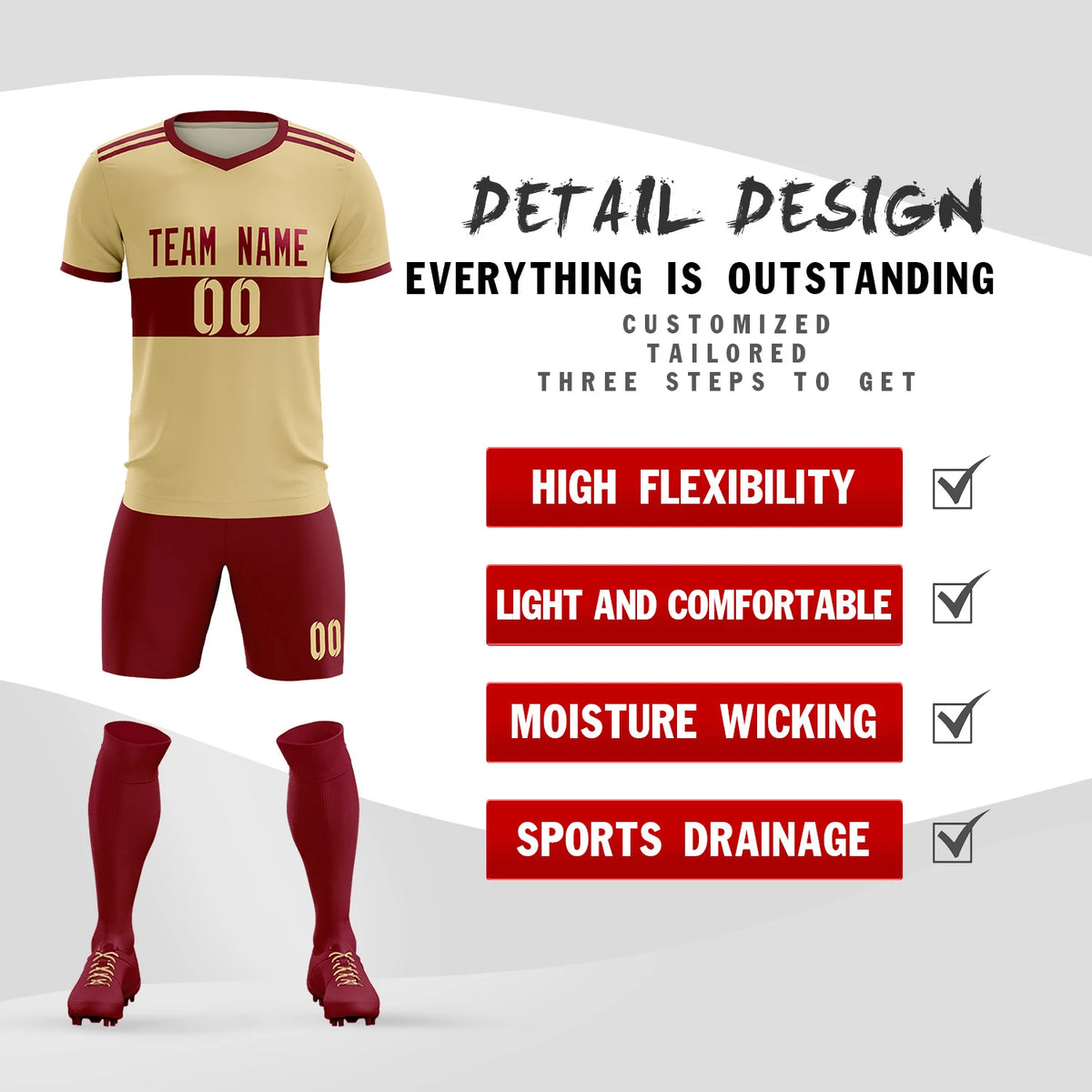 Custom Khaki Crimson Breathable Soccer Sets Jersey