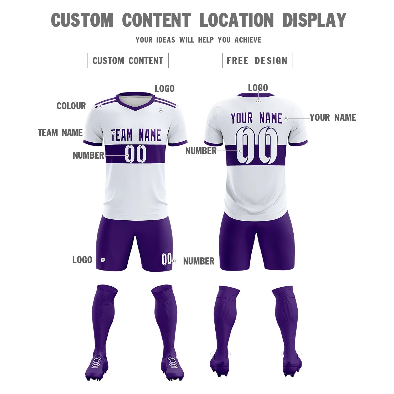 Custom White Purple Breathable Soccer Sets Jersey