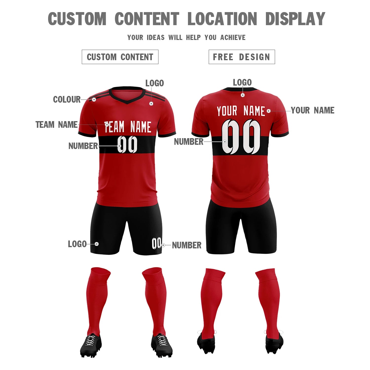 Custom Red Black Breathable Soccer Sets Jersey