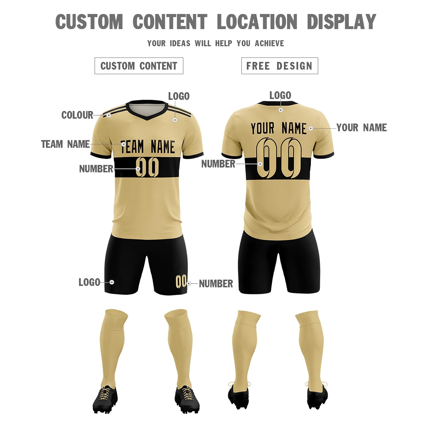 Custom Khaki Black Breathable Soccer Sets Jersey