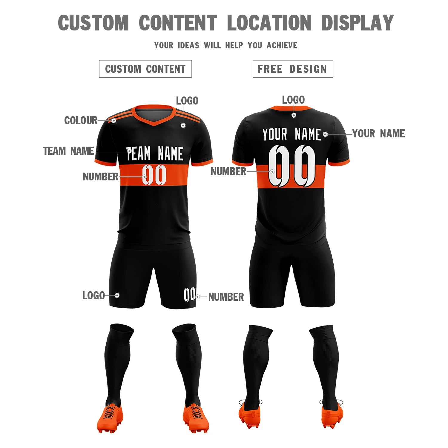 Custom Black Orange Breathable Soccer Sets Jersey