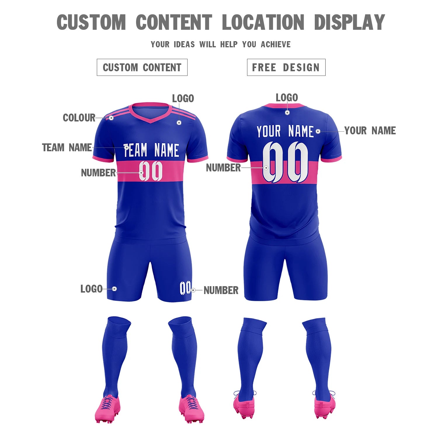 Custom Royal Blue-Pink Breathable Soccer Sets Jersey