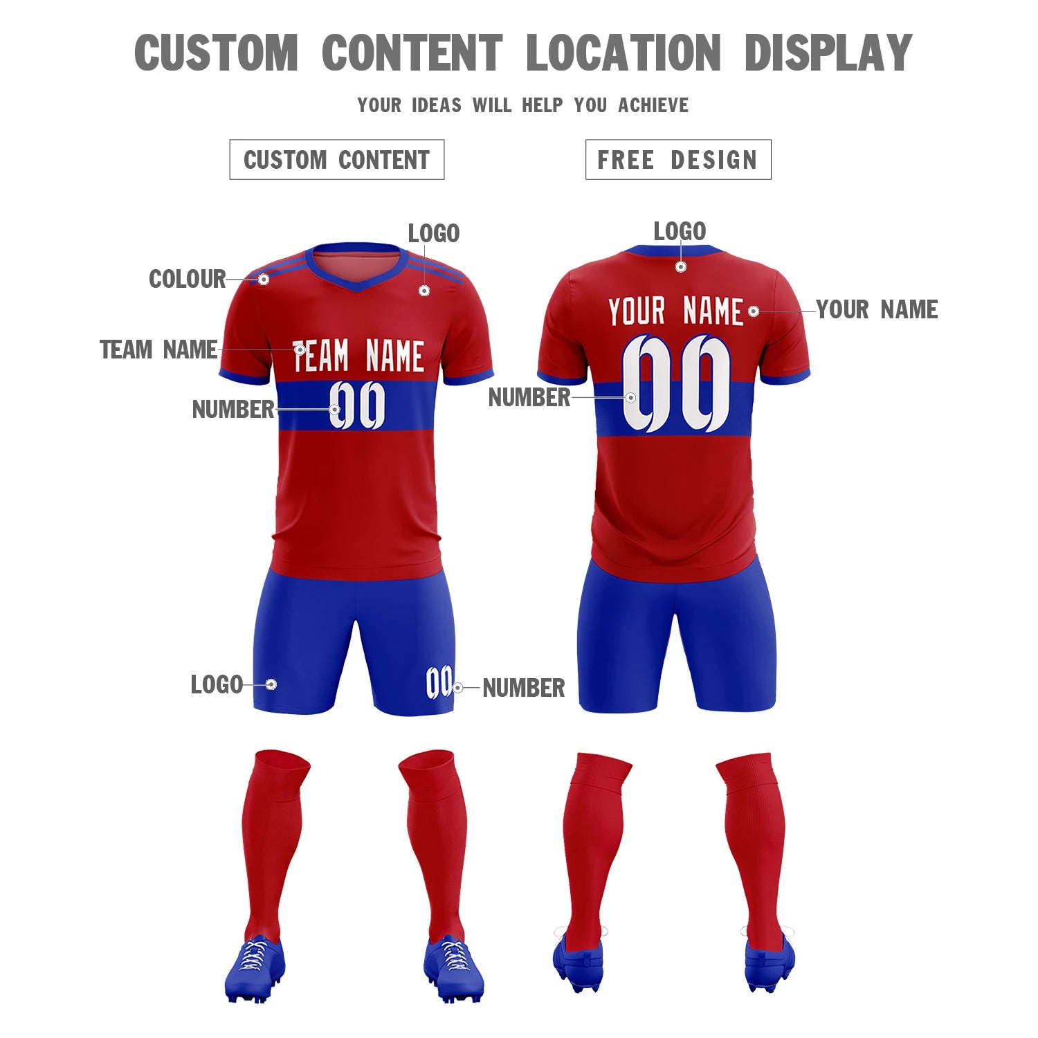 Custom Red-Royal Blue Breathable Soccer Sets Jersey