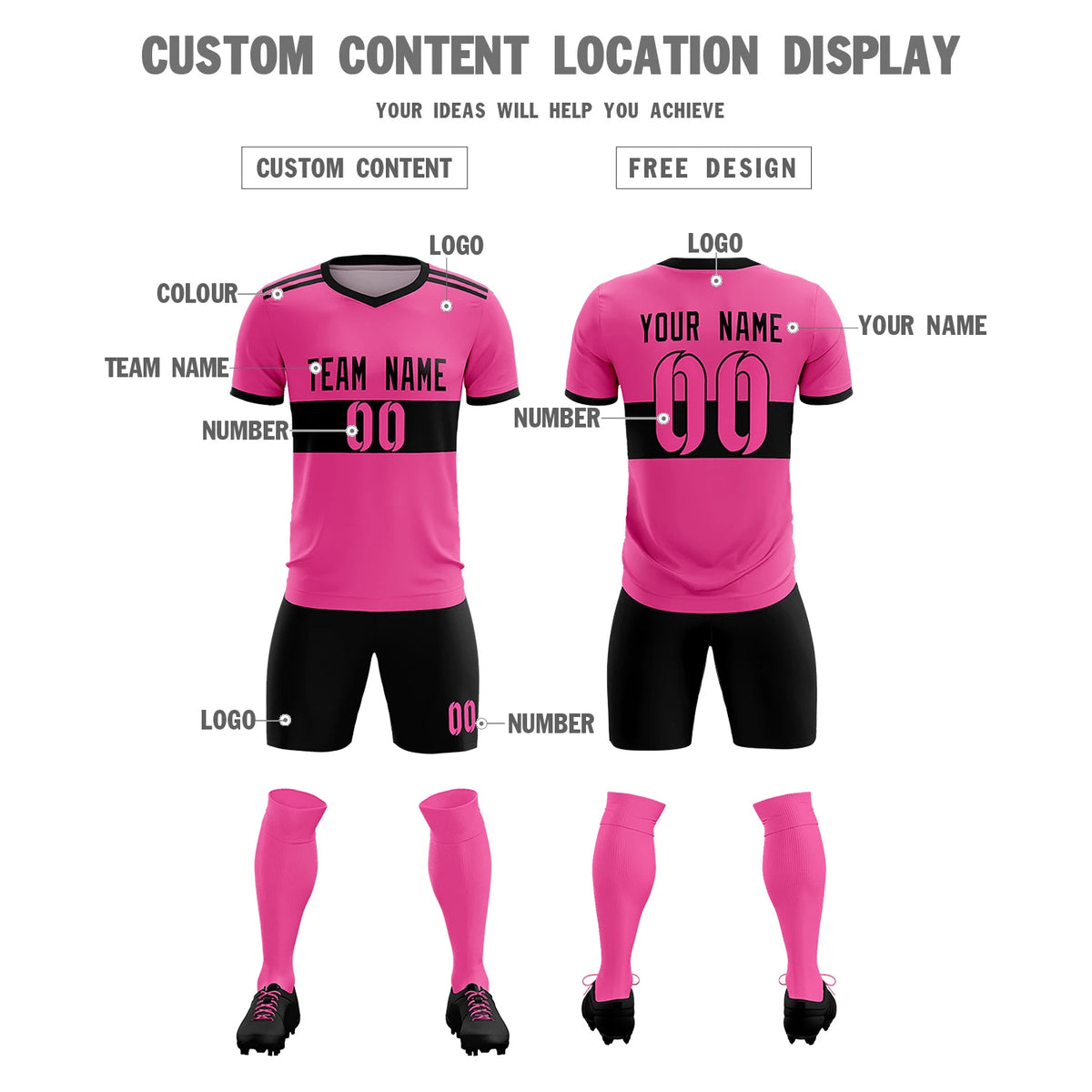 Custom Pink Black Breathable Soccer Sets Jersey
