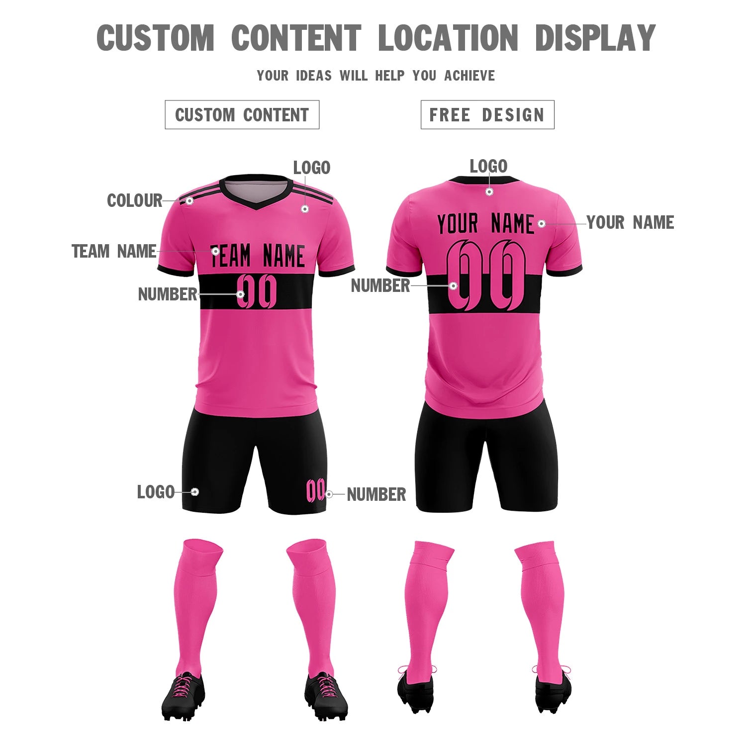 Custom Pink Black Breathable Soccer Sets Jersey