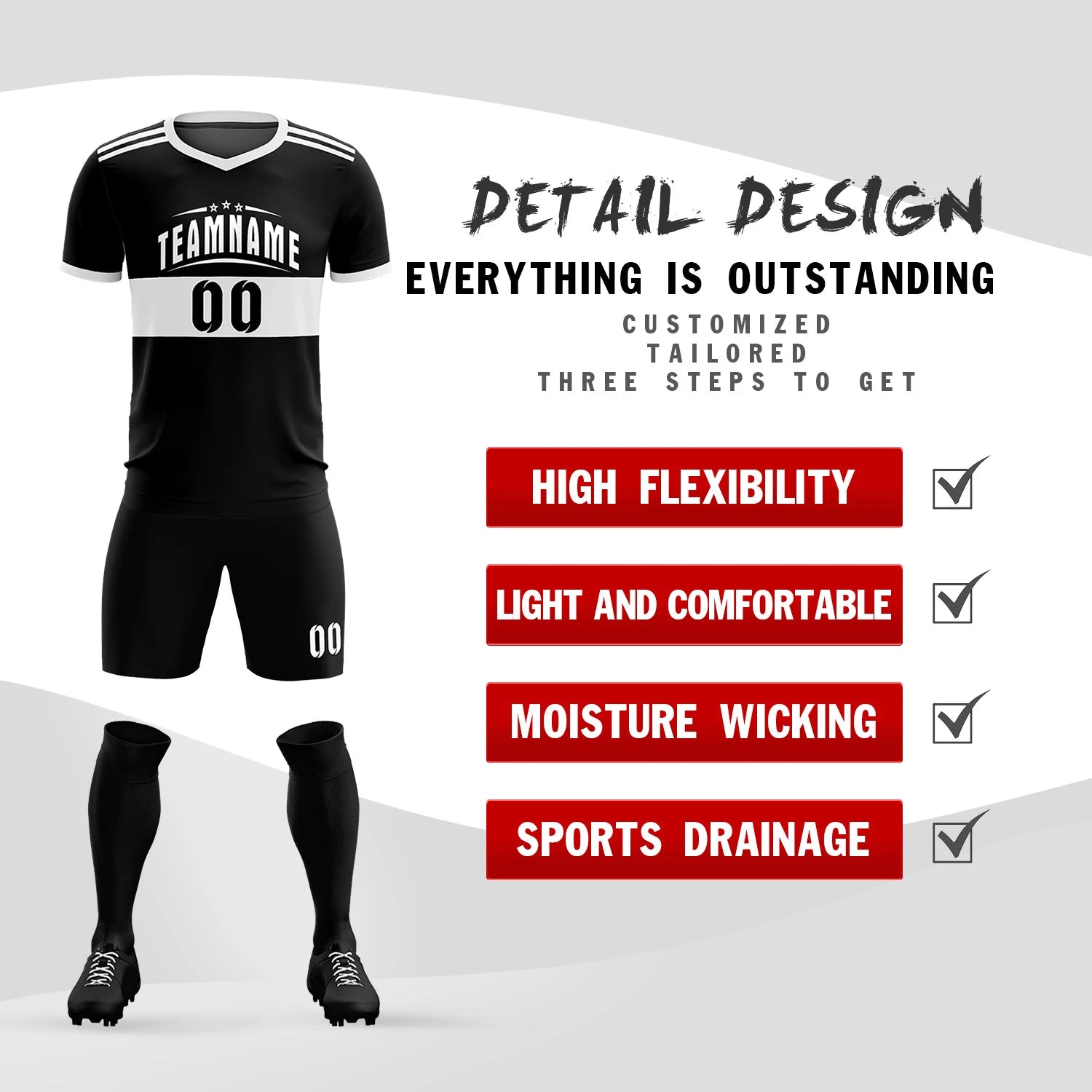 Custom Black White Breathable Soccer Sets Jersey