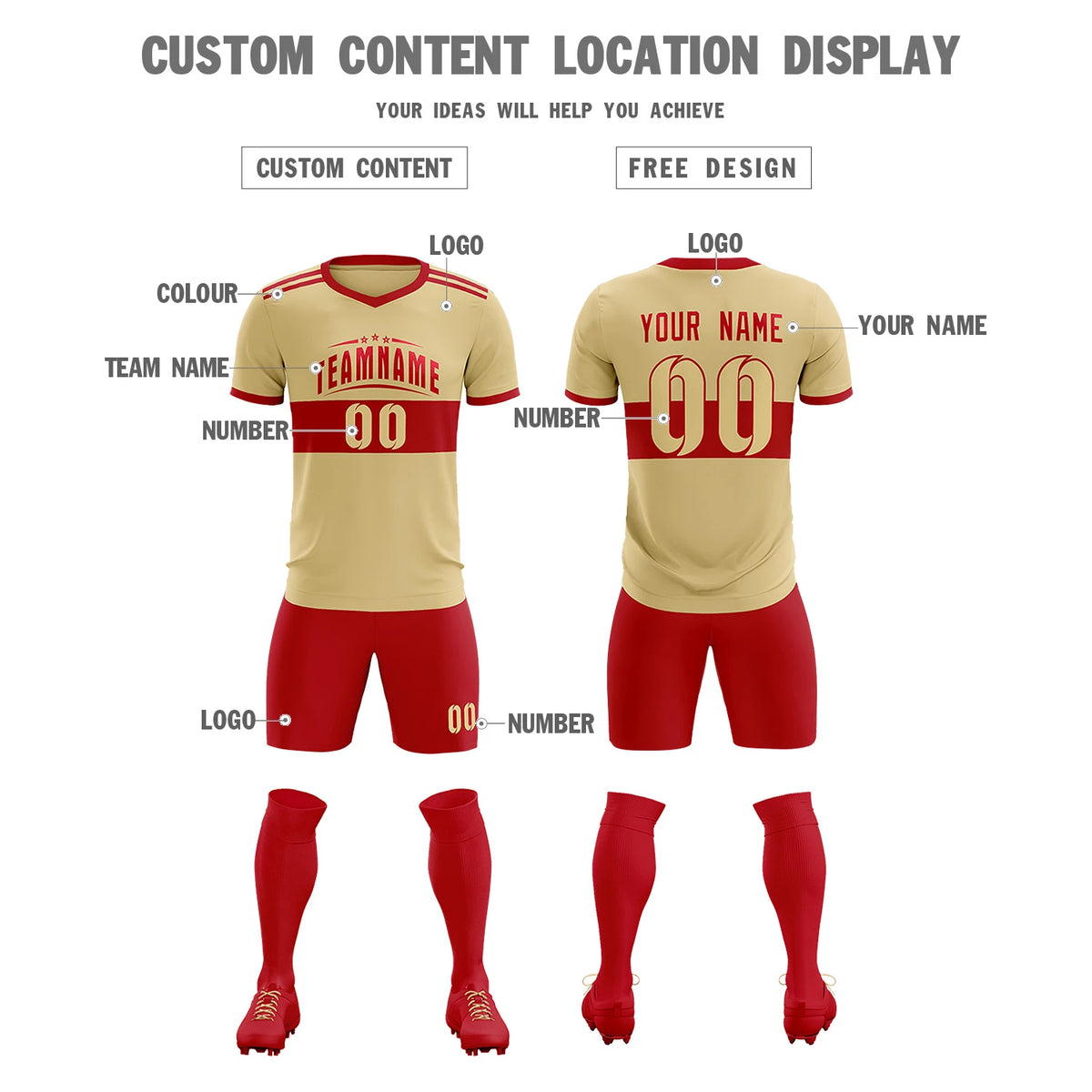 Custom Khaki Red Breathable Soccer Sets Jersey