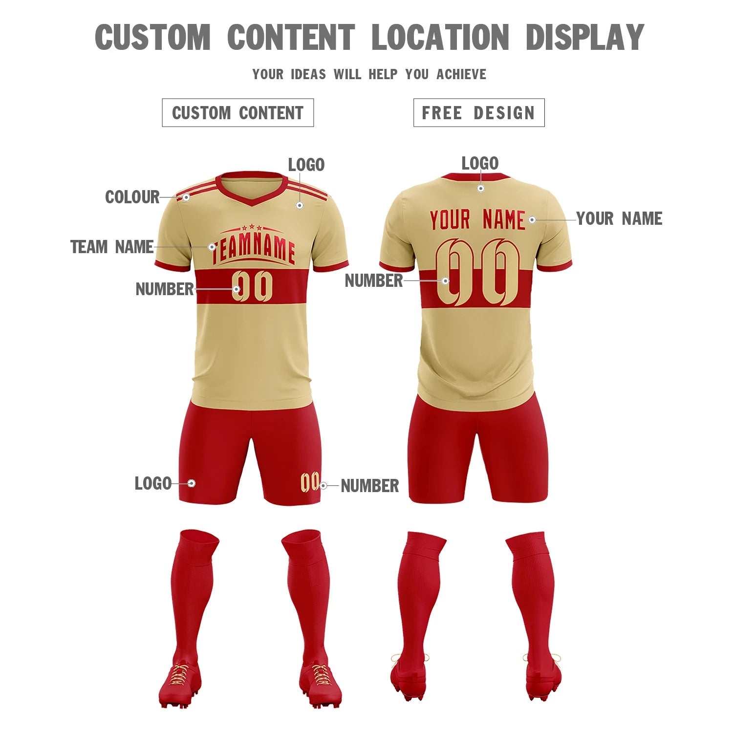 Custom Khaki Red Breathable Soccer Sets Jersey
