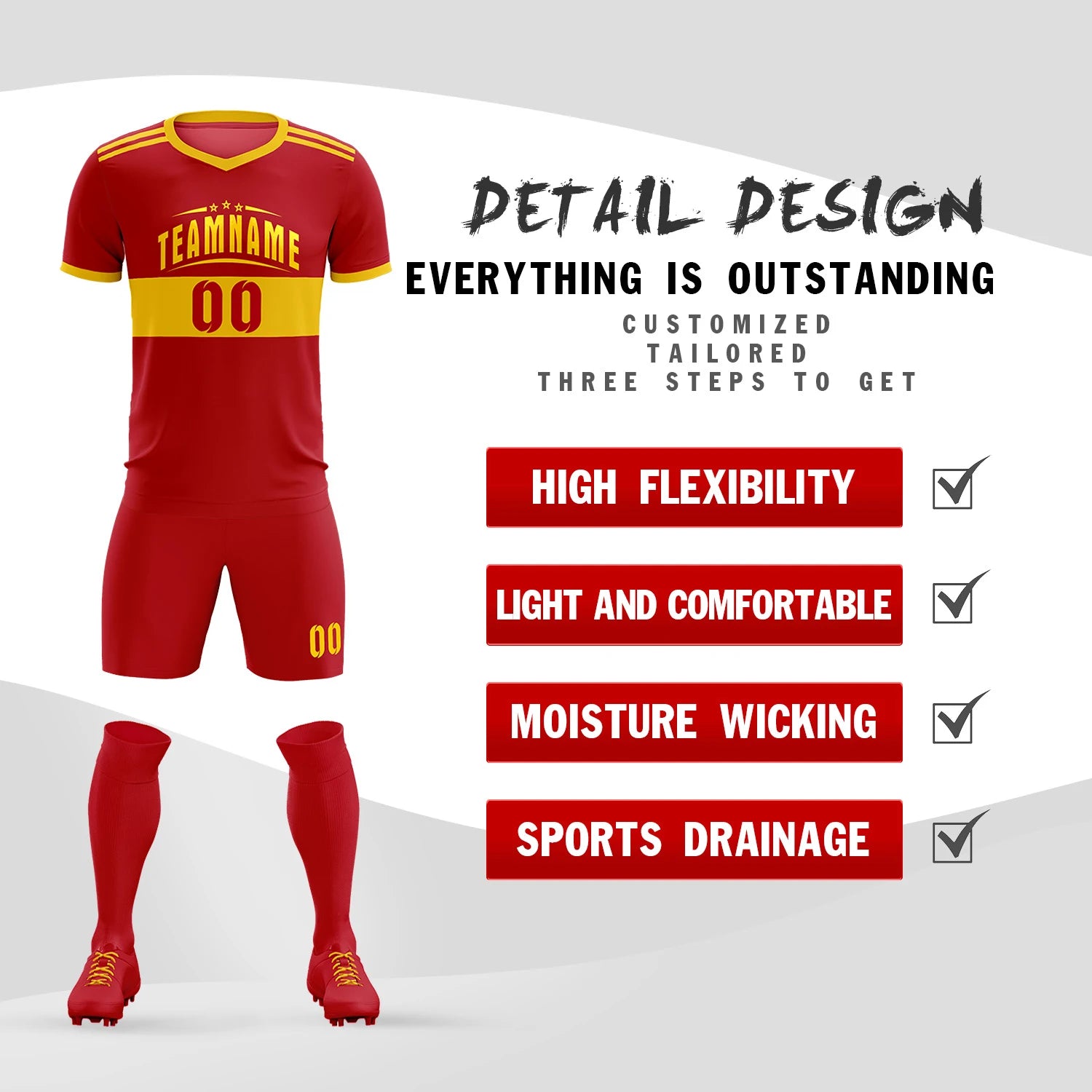 Custom Red Gold01 Breathable Soccer Sets Jersey