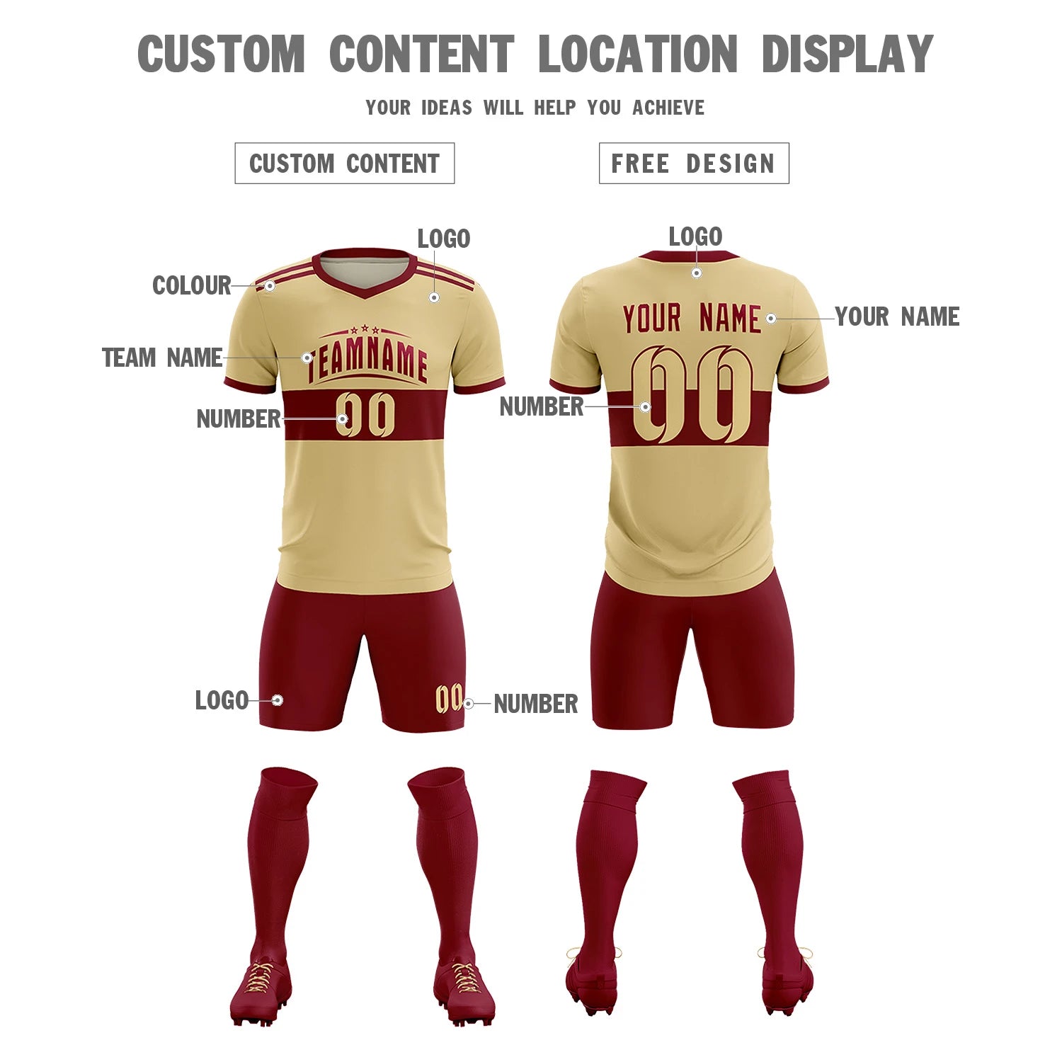 Custom Khaki Crimson Breathable Soccer Sets Jersey