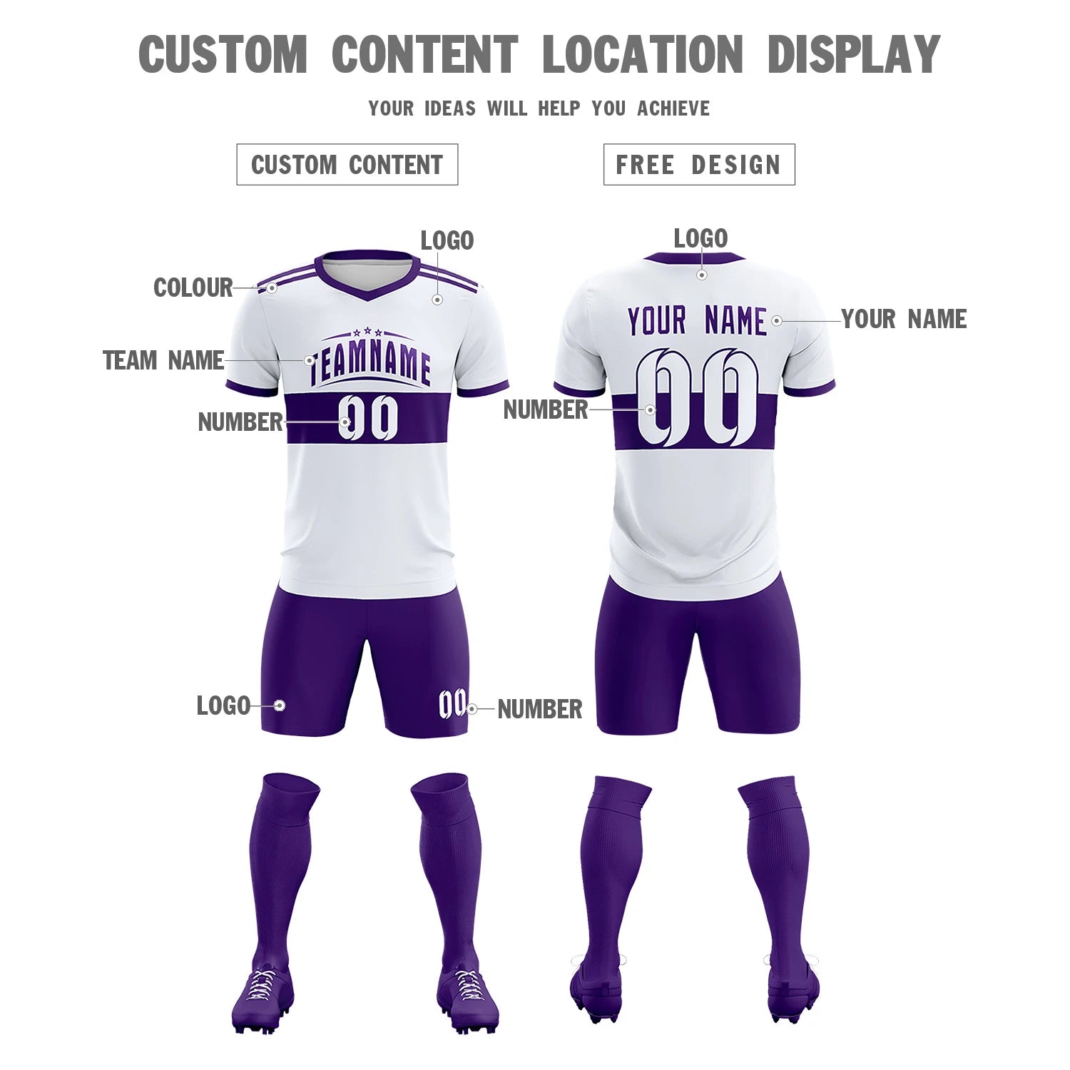 Custom White Purple Breathable Soccer Sets Jersey